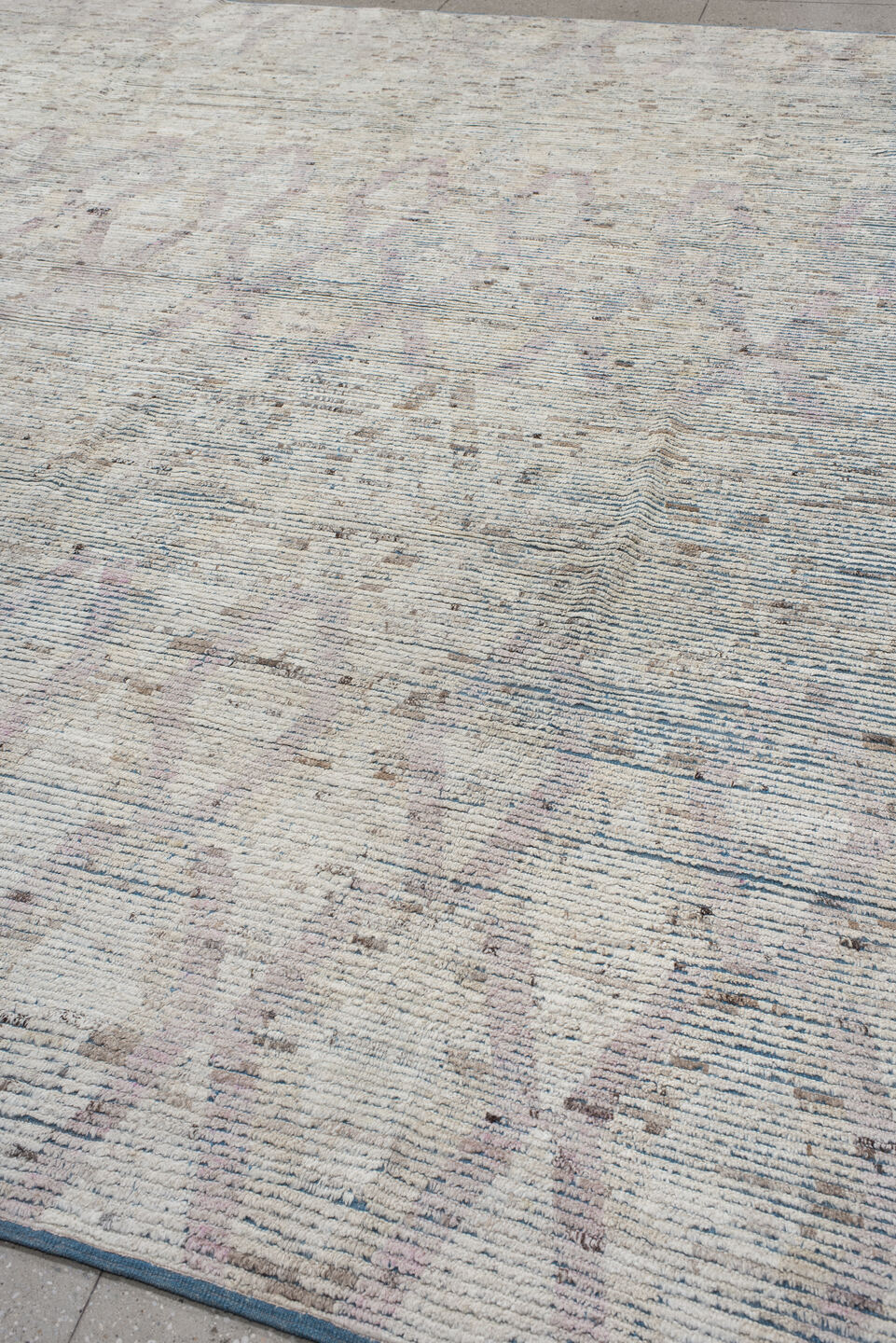 13' x 14' one-of-a-kind handmade vintage Tulu oversize rug. Color palette: ivory, slate, taupe, pale lavender, charcoal