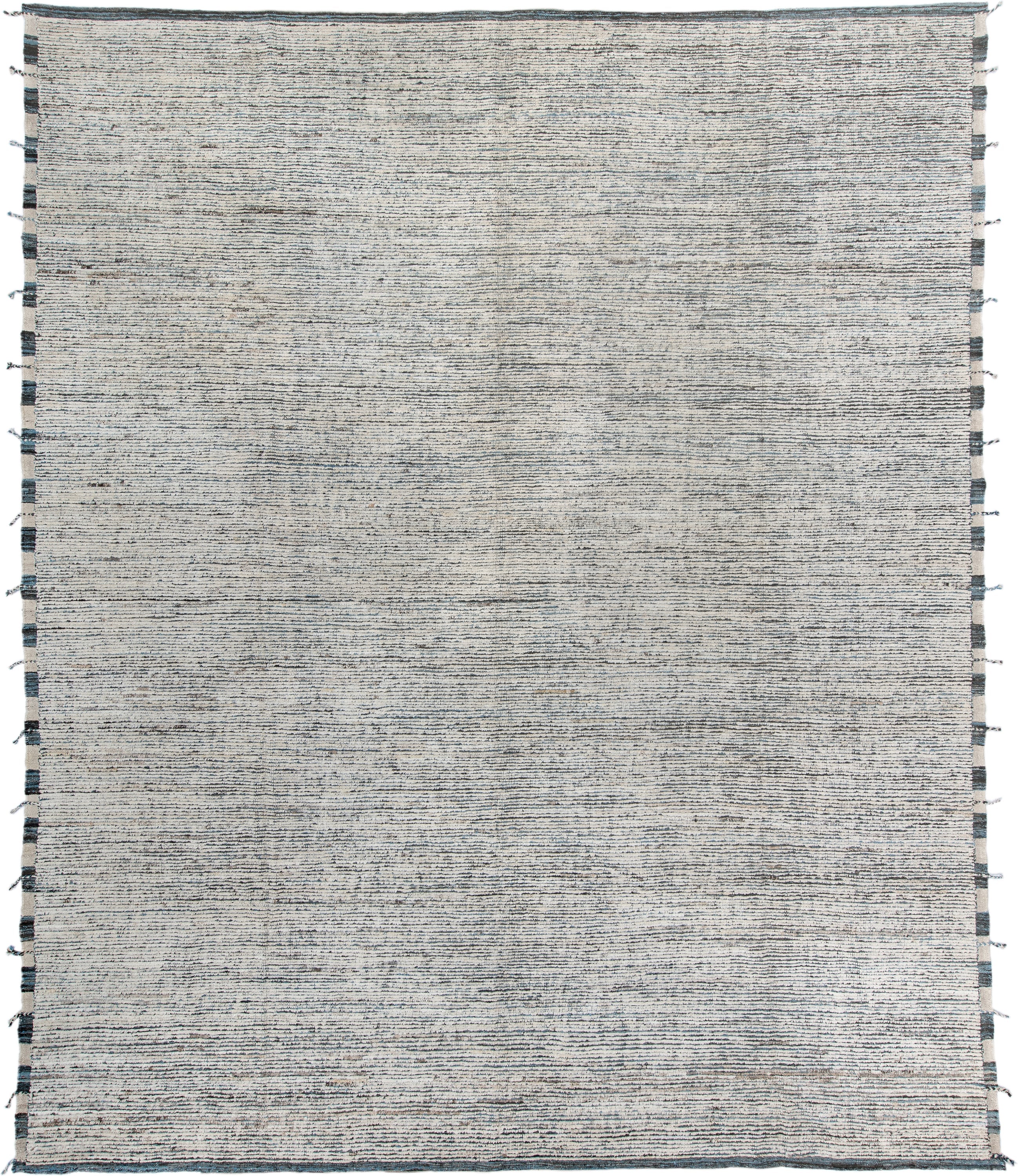 12' x 14' one-of-a-kind handmade vintage Tulu oversize rug. Color palette: ivory, slate, charcoal, taupe, gray, black, beige