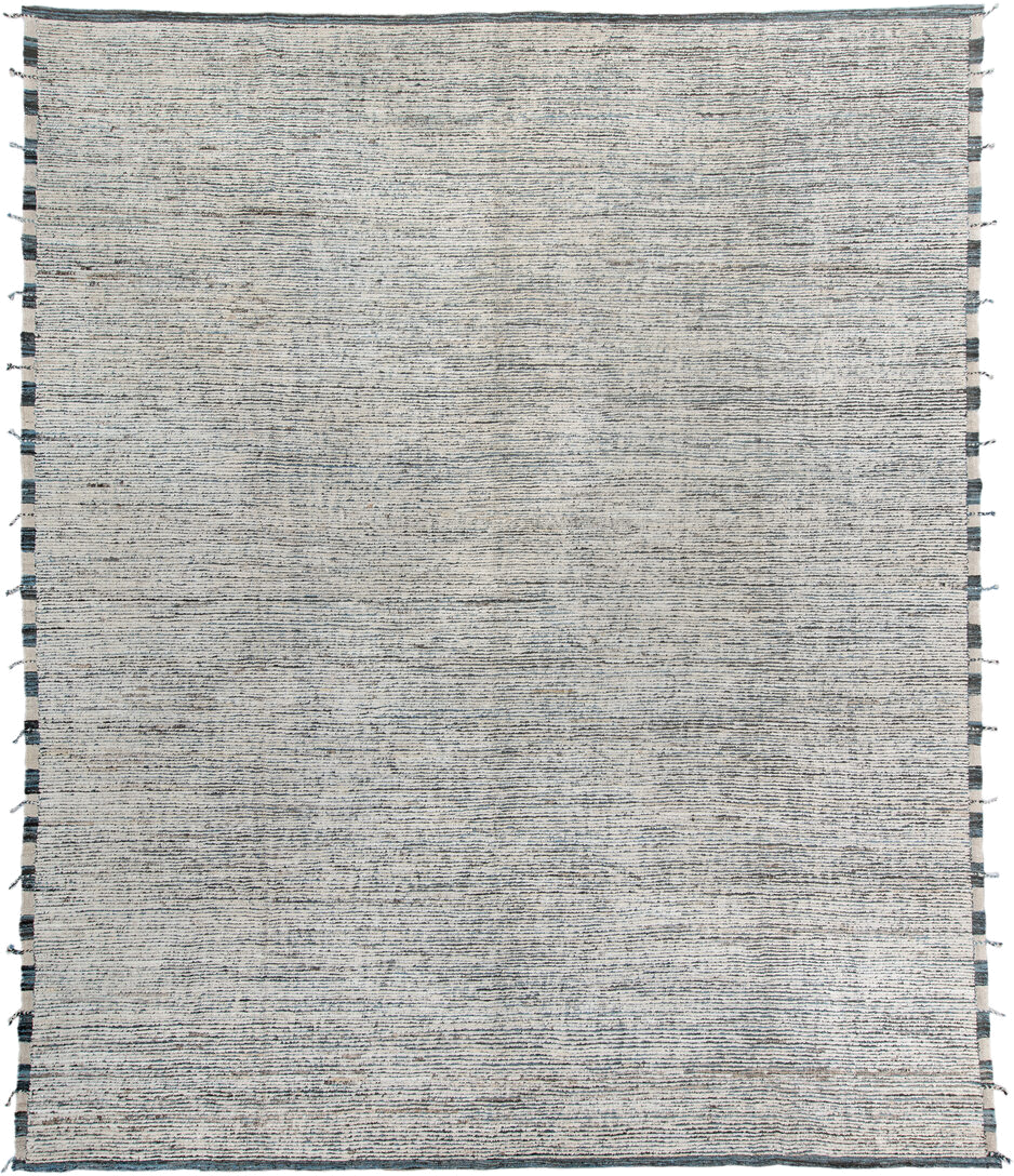 12' x 14' one-of-a-kind handmade vintage Tulu oversize rug. Color palette: ivory, slate, charcoal, taupe, gray, black, beige