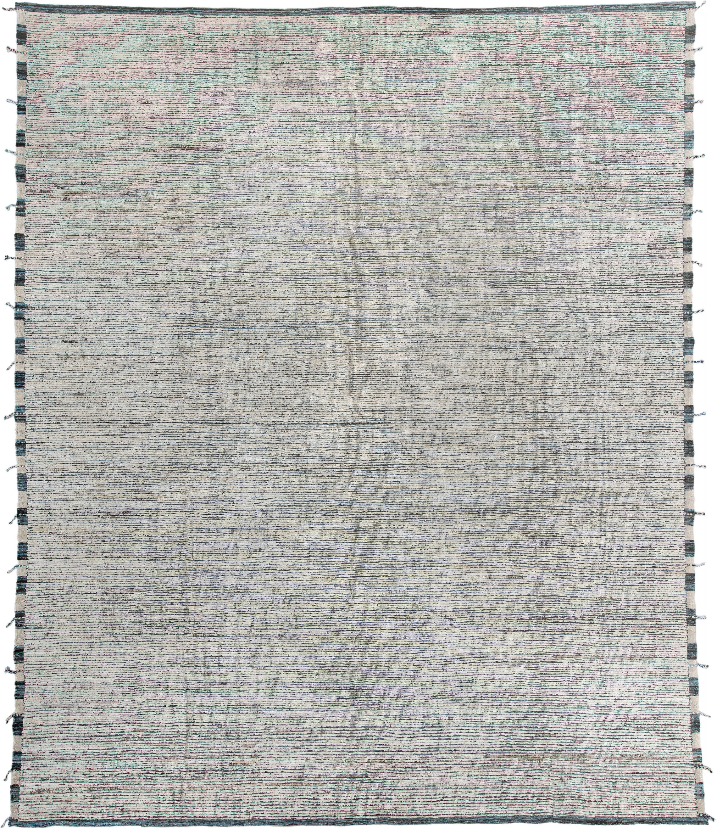 12' x 14' one-of-a-kind handmade vintage Tulu oversize rug. Color palette: ivory, slate, charcoal, taupe, gray, black, beige