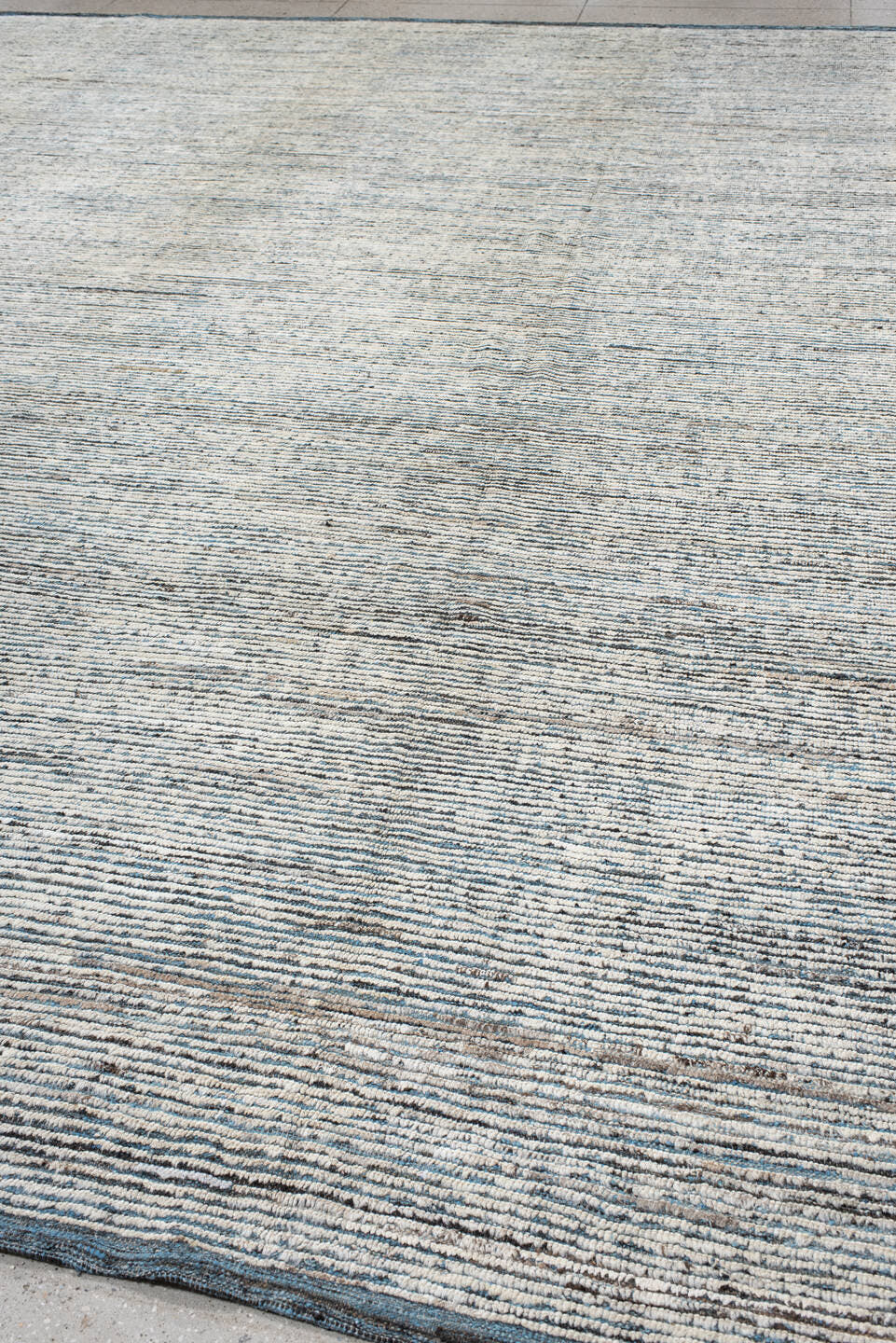 12' x 14' one-of-a-kind handmade vintage Tulu oversize rug. Color palette: ivory, slate, charcoal, taupe, gray, black, beige