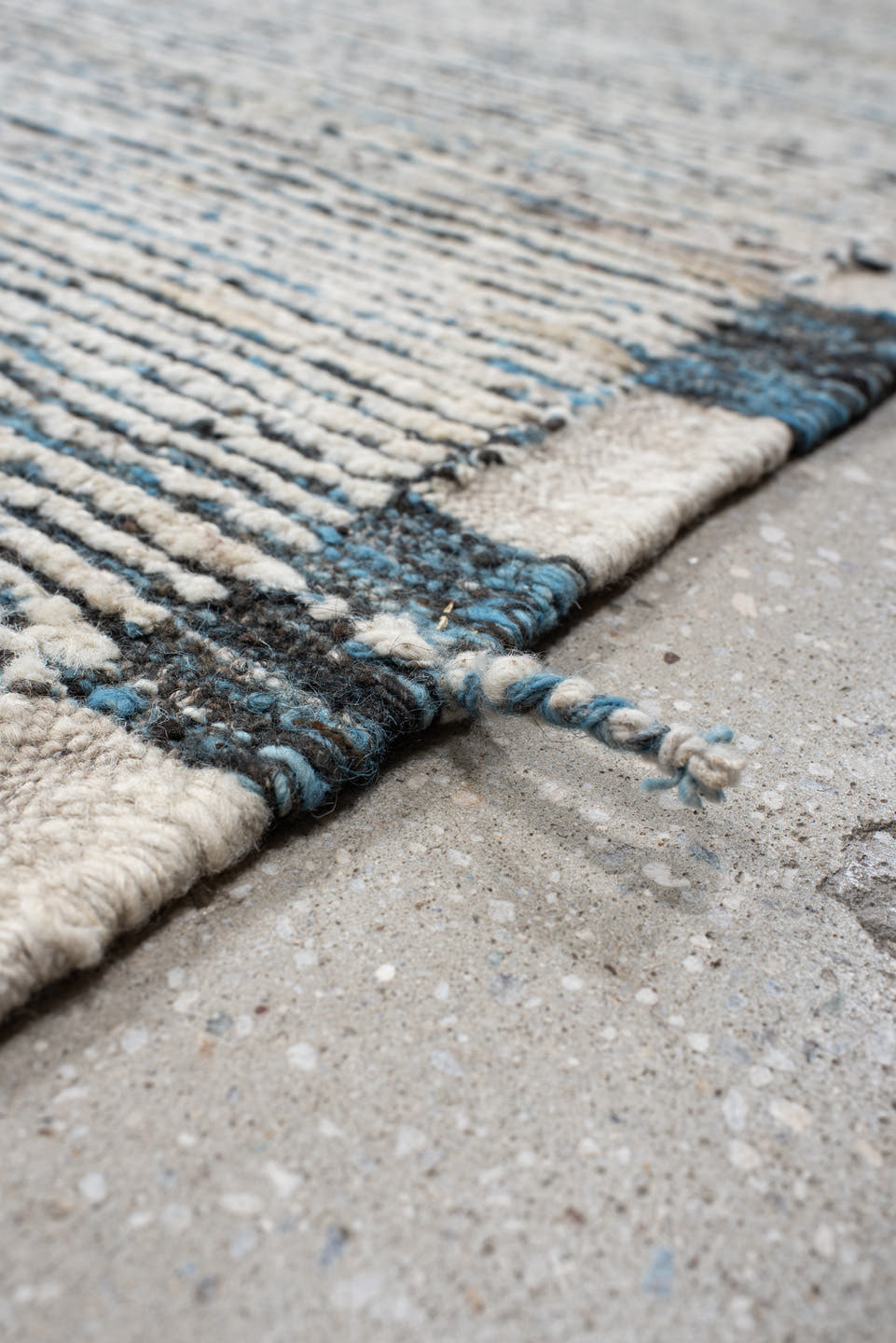 12' x 14' one-of-a-kind handmade vintage Tulu oversize rug. Color palette: ivory, slate, charcoal, taupe, gray, black, beige