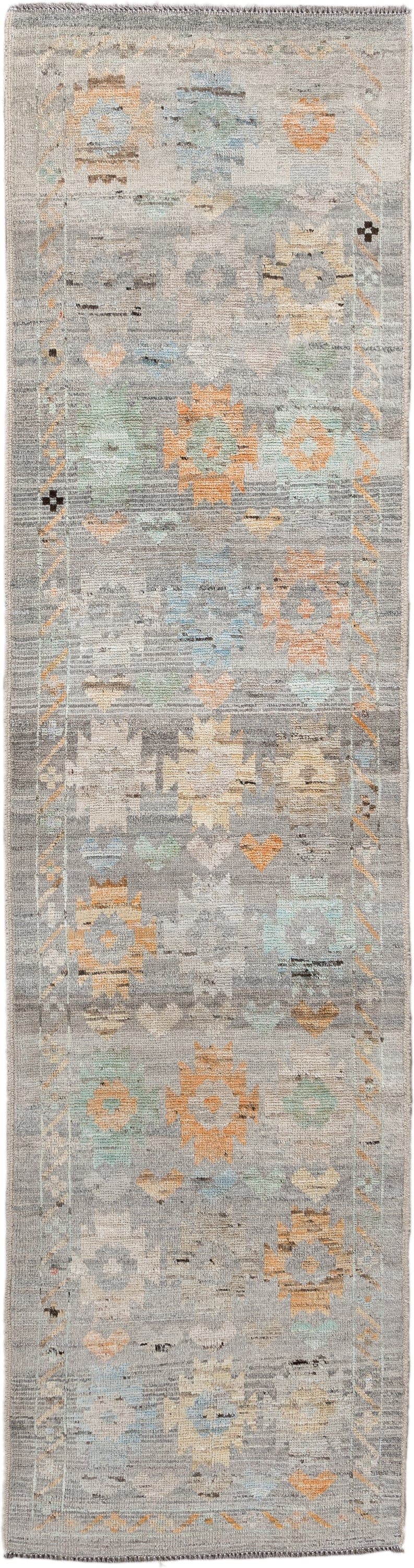 2' x 10' one-of-a-kind handmade vintage Tulu runner rug. Color palette: gray, ivory, aqua, apricot, taupe, charcoal, sand