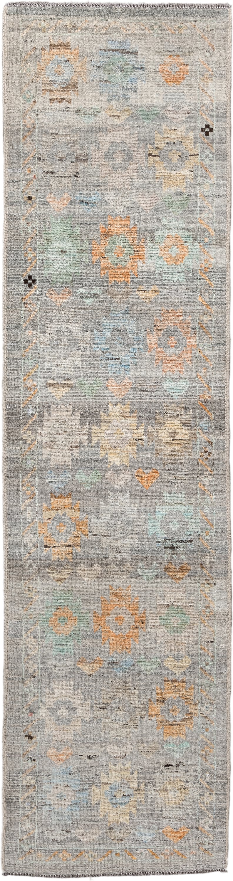2' x 10' one-of-a-kind handmade vintage Tulu runner rug. Color palette: gray, ivory, aqua, apricot, taupe, charcoal, sand