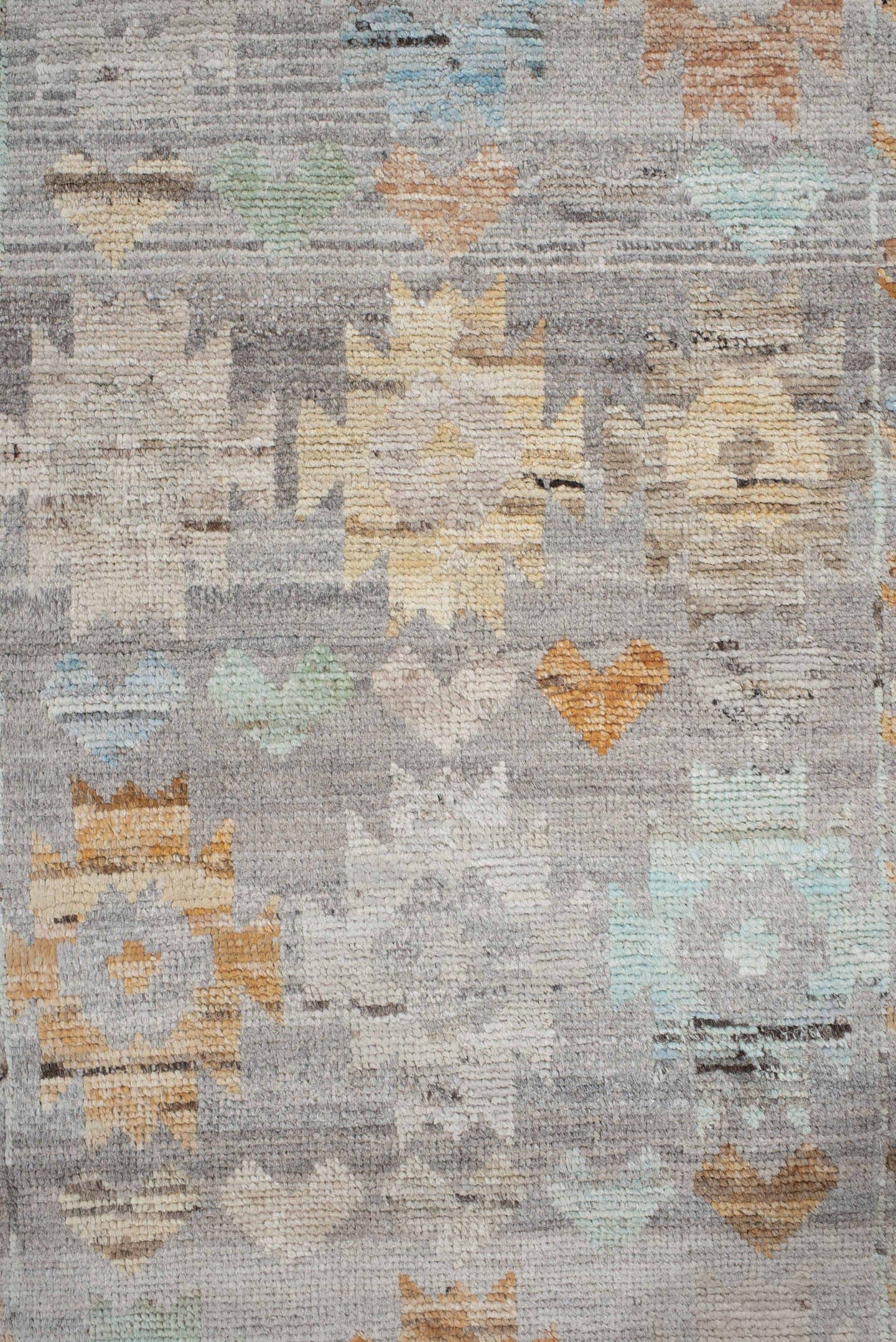 2' x 10' one-of-a-kind handmade vintage Tulu runner rug. Color palette: gray, ivory, aqua, apricot, taupe, charcoal, sand