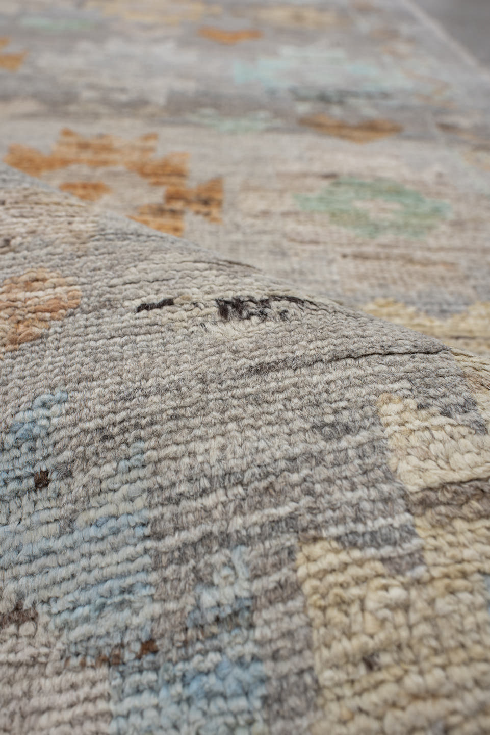 2' x 10' one-of-a-kind handmade vintage Tulu runner rug. Color palette: gray, ivory, aqua, apricot, taupe, charcoal, sand