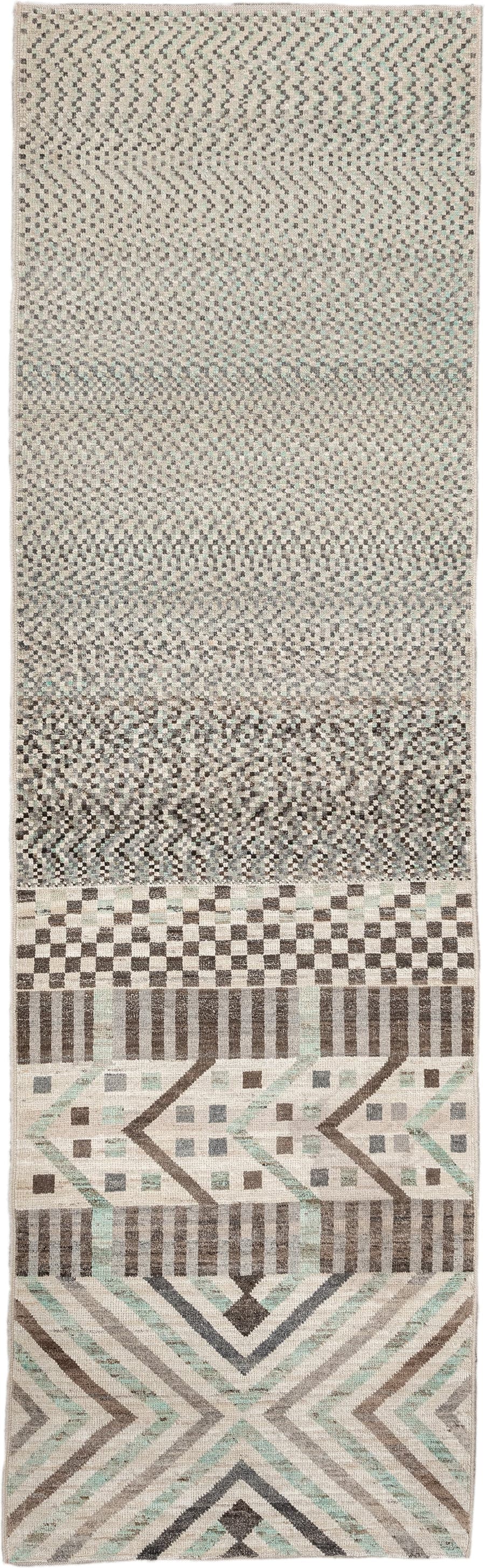 2' x 9' one-of-a-kind handmade vintage Tulu runner rug. Color palette: ivory, taupe, charcoal, sage, gray, cream, beige