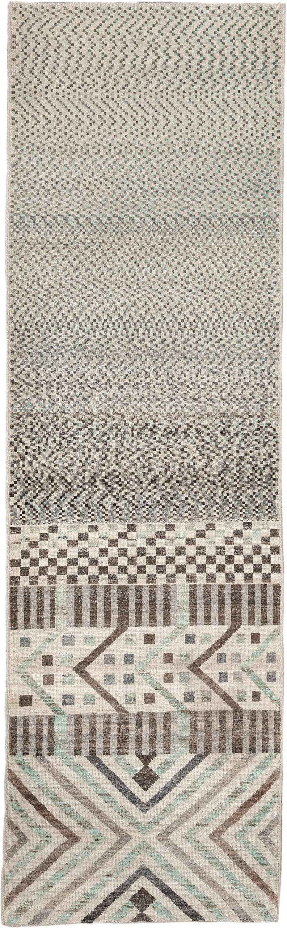 2' x 9' one-of-a-kind handmade vintage Tulu runner rug. Color palette: ivory, taupe, charcoal, sage, gray, cream, beige