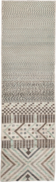 2' x 9' one-of-a-kind handmade vintage Tulu runner rug. Color palette: ivory, taupe, charcoal, sage, gray, cream, beige