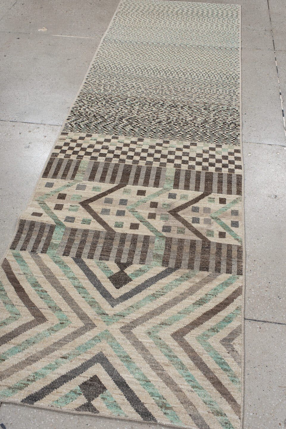 2' x 9' one-of-a-kind handmade vintage Tulu runner rug. Color palette: ivory, taupe, charcoal, sage, gray, cream, beige