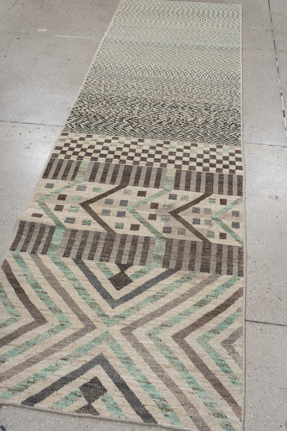 2' x 9' one-of-a-kind handmade vintage Tulu runner rug. Color palette: ivory, taupe, charcoal, sage, gray, cream, beige