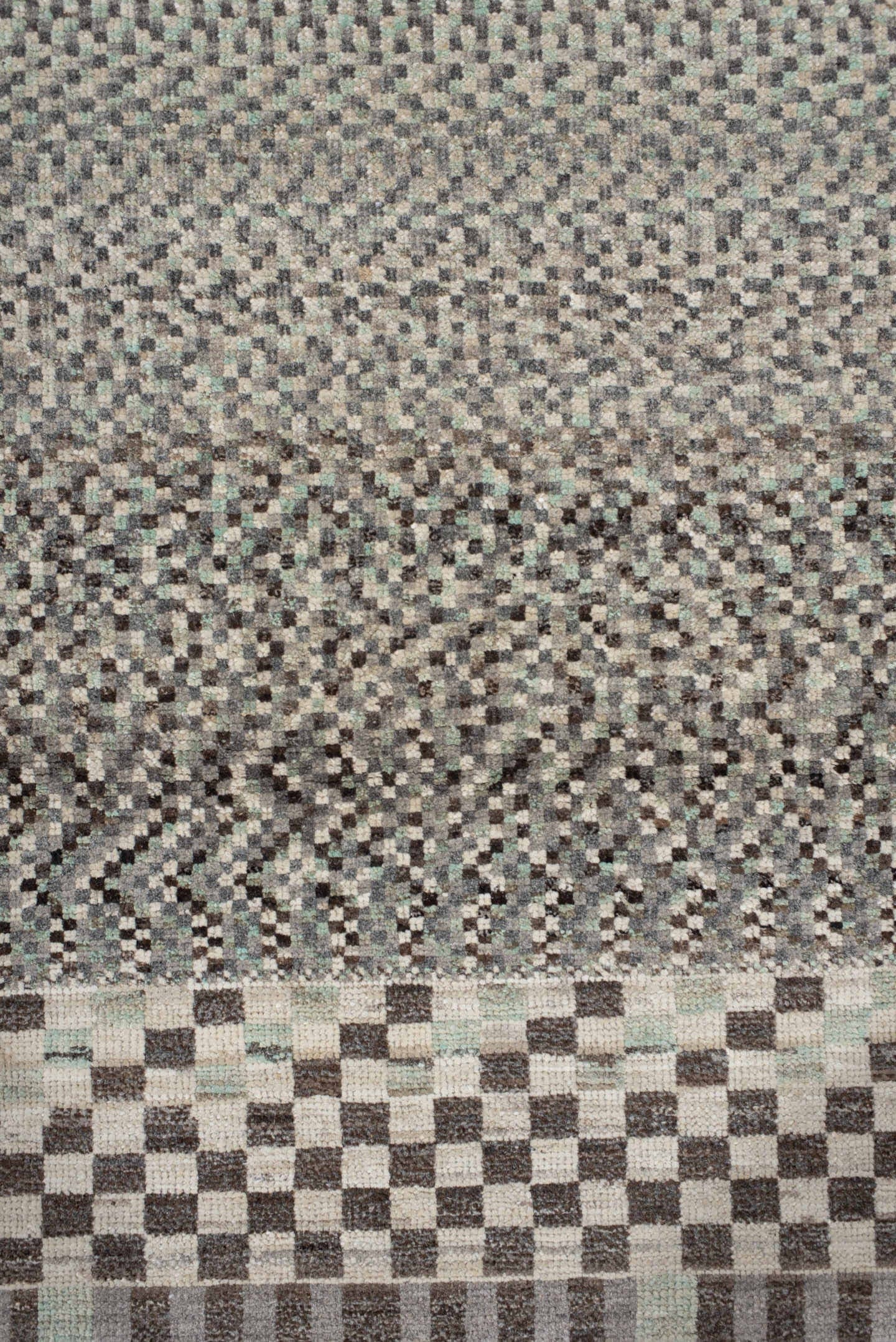 2' x 9' one-of-a-kind handmade vintage Tulu runner rug. Color palette: ivory, taupe, charcoal, sage, gray, cream, beige