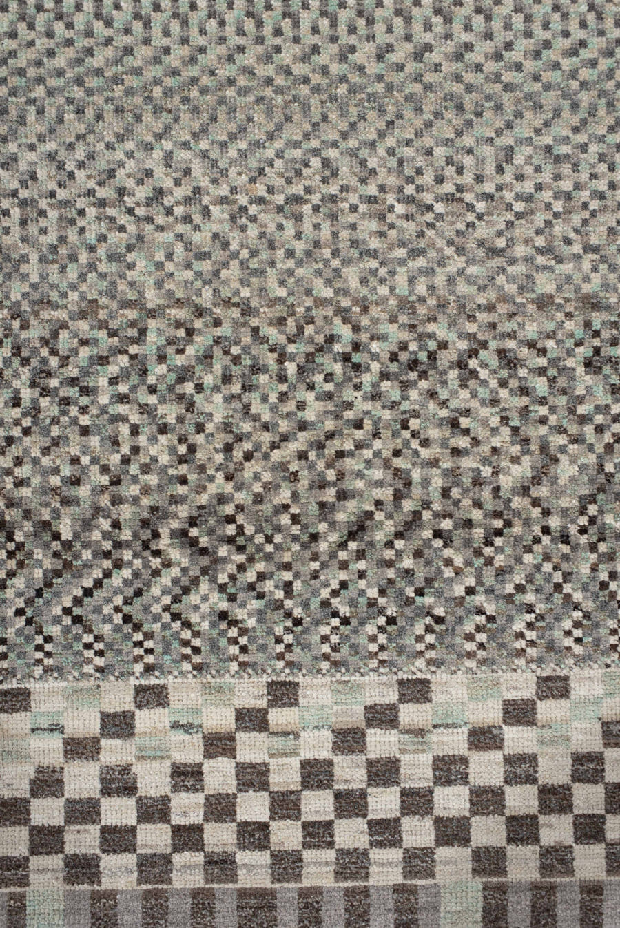 2' x 9' one-of-a-kind handmade vintage Tulu runner rug. Color palette: ivory, taupe, charcoal, sage, gray, cream, beige