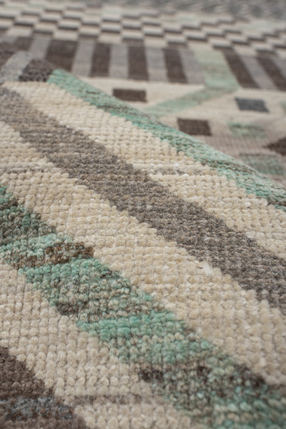 2' x 9' one-of-a-kind handmade vintage Tulu runner rug. Color palette: ivory, taupe, charcoal, sage, gray, cream, beige