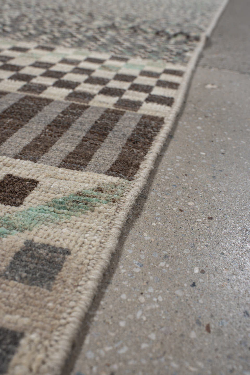 2' x 9' one-of-a-kind handmade vintage Tulu runner rug. Color palette: ivory, taupe, charcoal, sage, gray, cream, beige