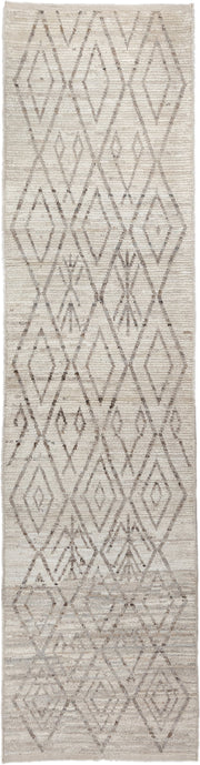 3' x 12' one-of-a-kind handmade vintage Tulu runner rug. Color palette: ivory, taupe, beige, greige, gray