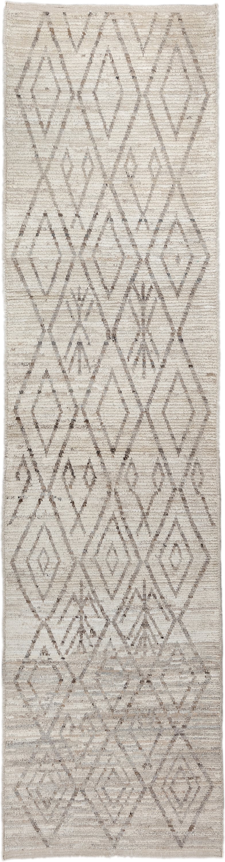 3' x 12' one-of-a-kind handmade vintage Tulu runner rug. Color palette: ivory, taupe, beige, greige, gray