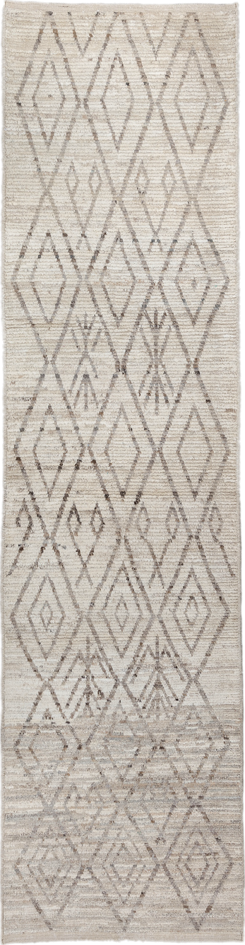 3' x 12' one-of-a-kind handmade vintage Tulu runner rug. Color palette: ivory, taupe, beige, greige, gray