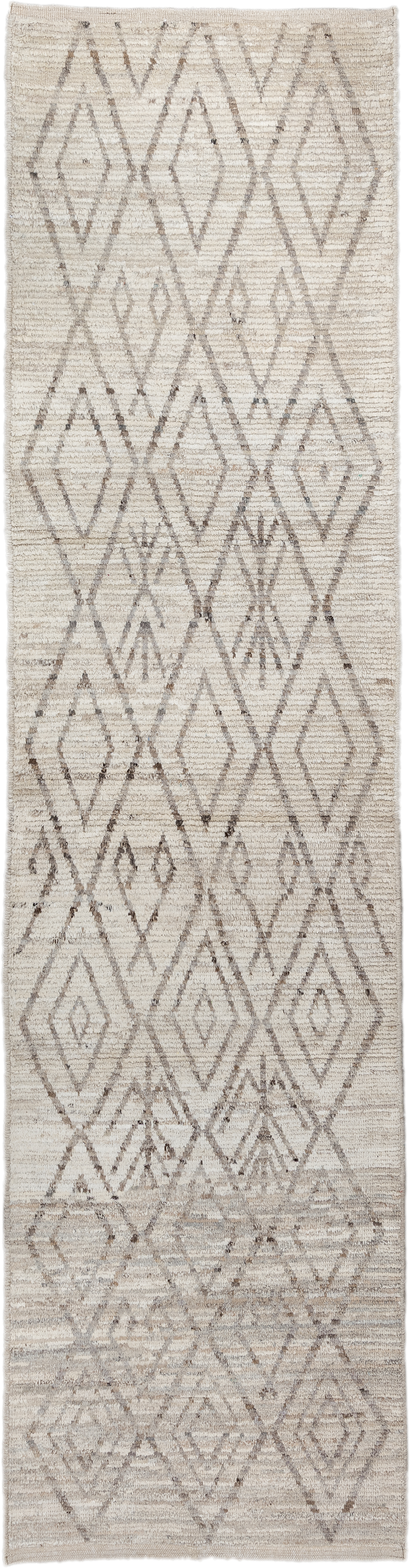 3' x 12' one-of-a-kind handmade vintage Tulu runner rug. Color palette: ivory, taupe, beige, greige, gray