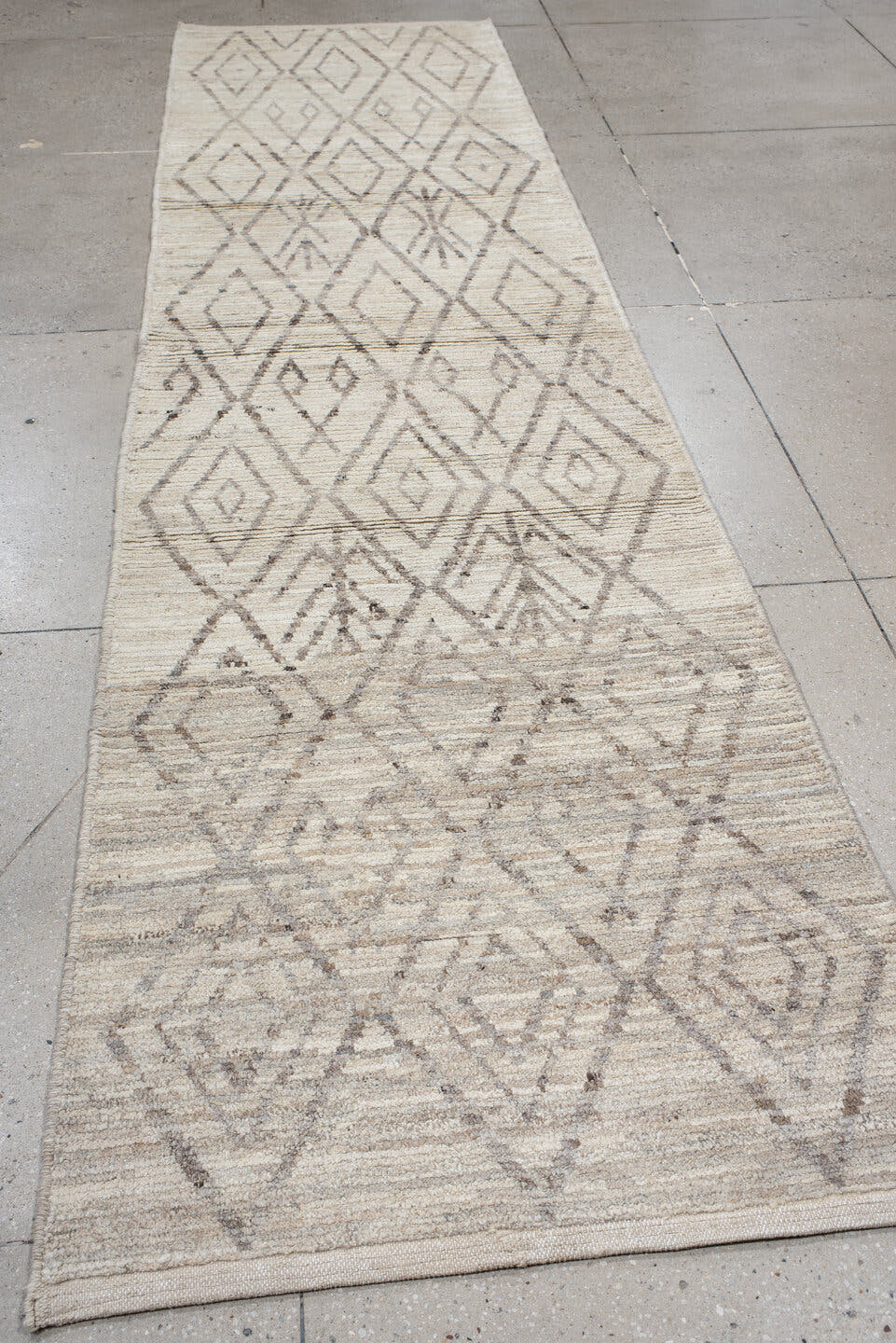 3' x 12' one-of-a-kind handmade vintage Tulu runner rug. Color palette: ivory, taupe, beige, greige, gray