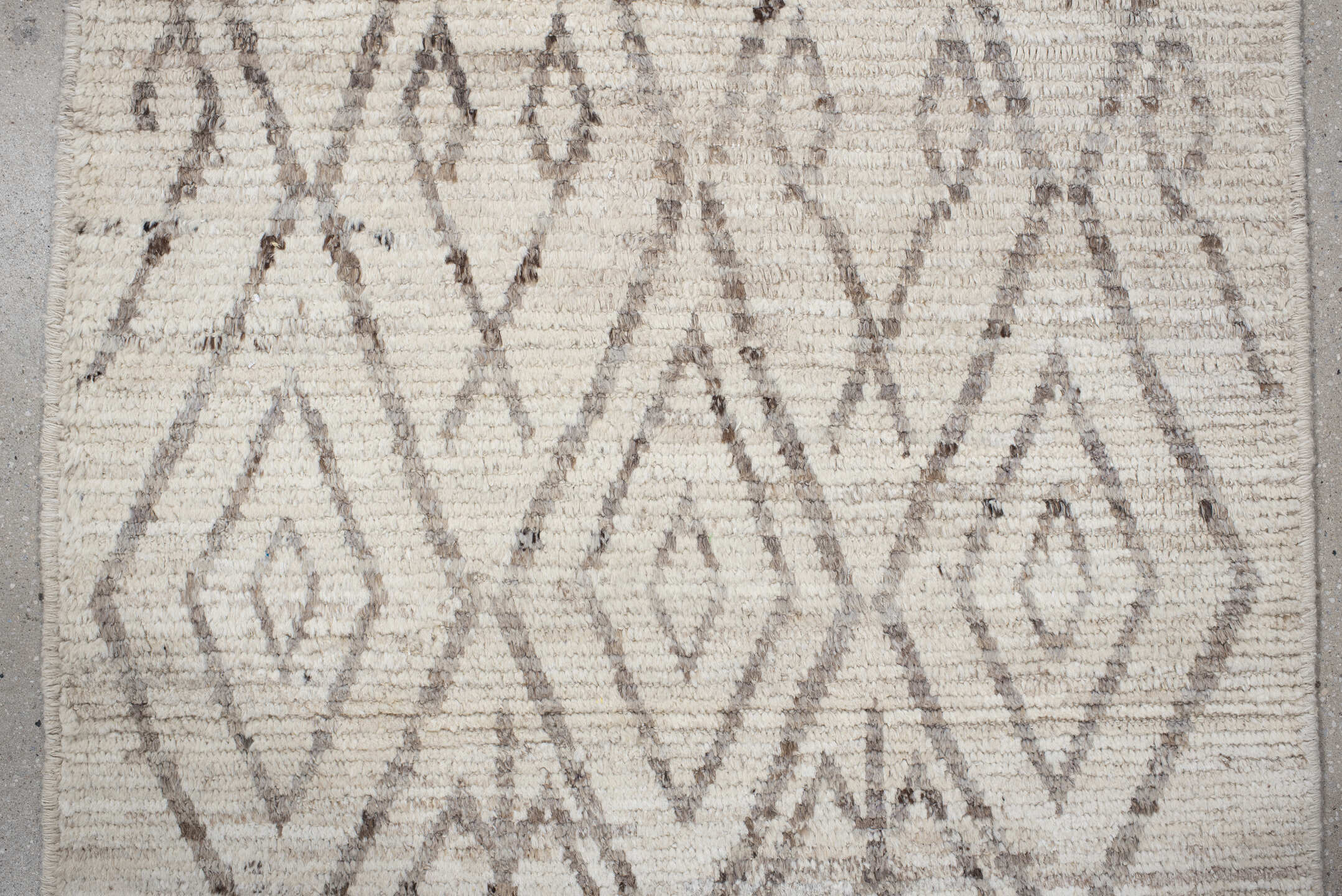 3' x 12' one-of-a-kind handmade vintage Tulu runner rug. Color palette: ivory, taupe, beige, greige, gray