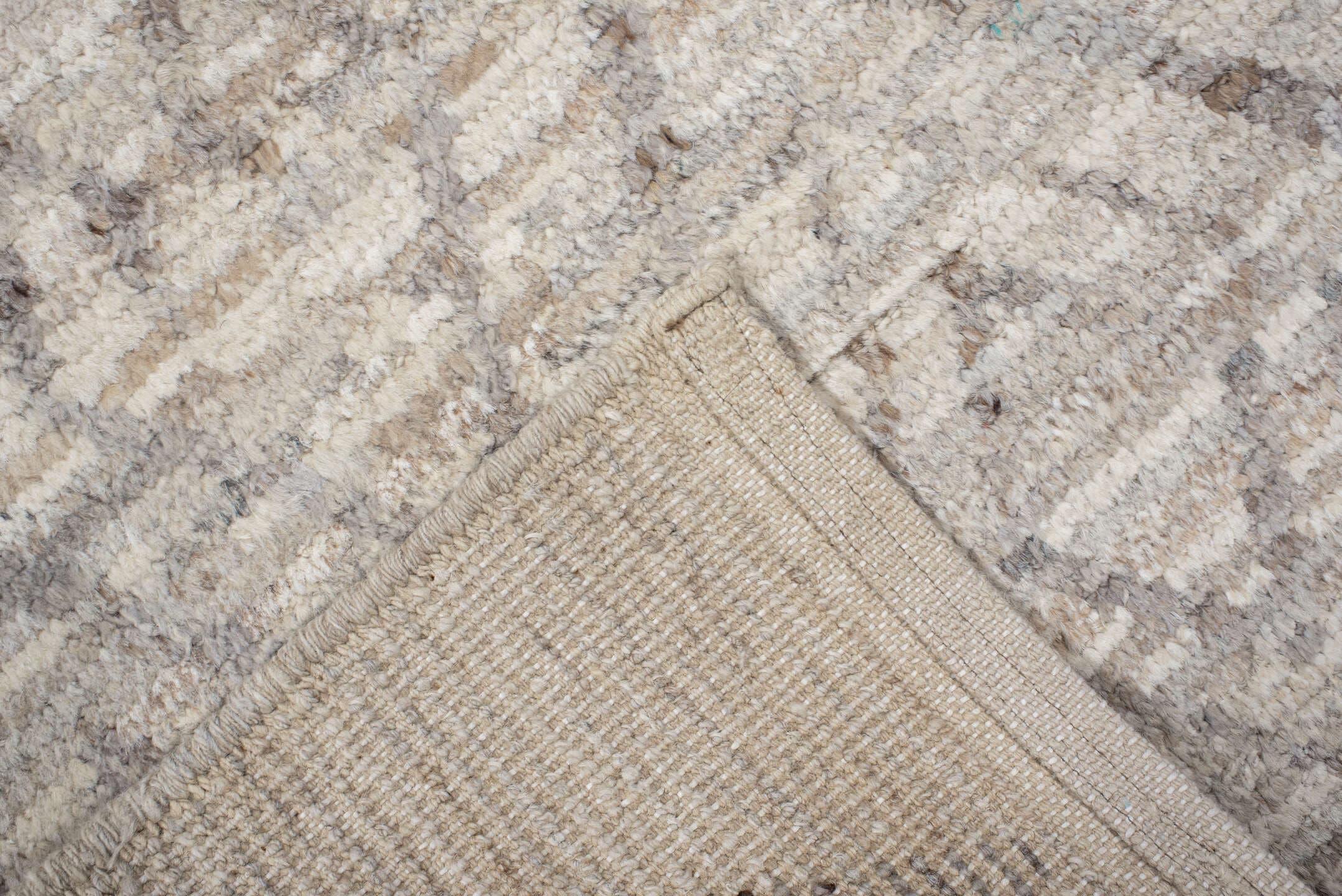 3' x 12' one-of-a-kind handmade vintage Tulu runner rug. Color palette: ivory, taupe, beige, greige, gray