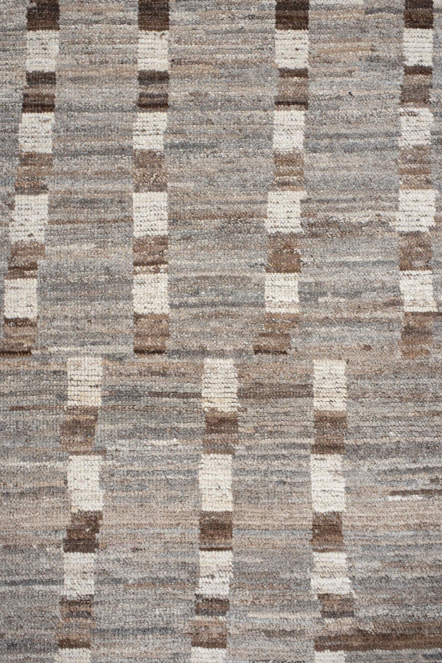 3' x 13' one-of-a-kind handmade vintage Tulu runner rug. Color palette: taupe, ivory, brown, gray, beige