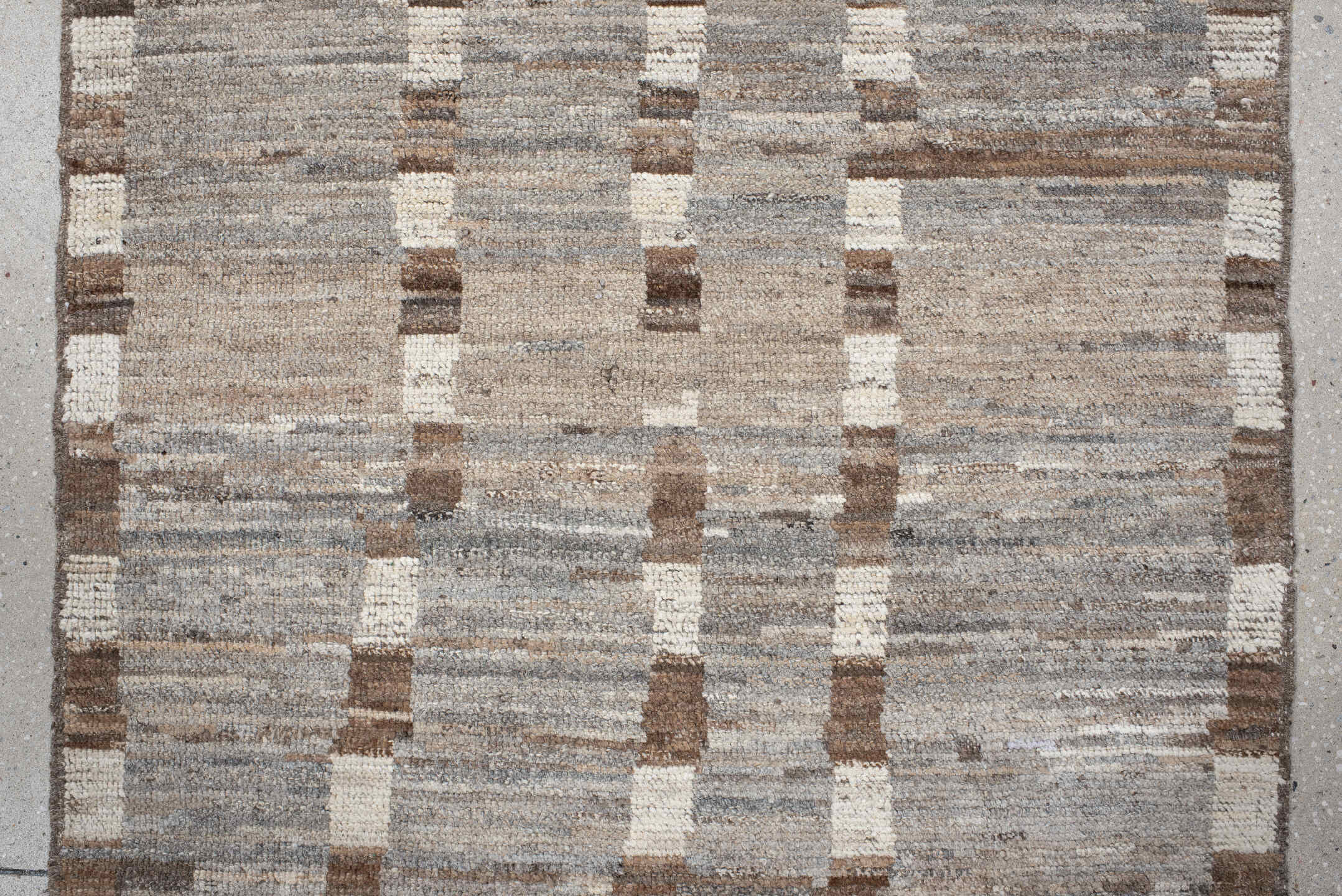 3' x 13' one-of-a-kind handmade vintage Tulu runner rug. Color palette: taupe, ivory, brown, gray, beige