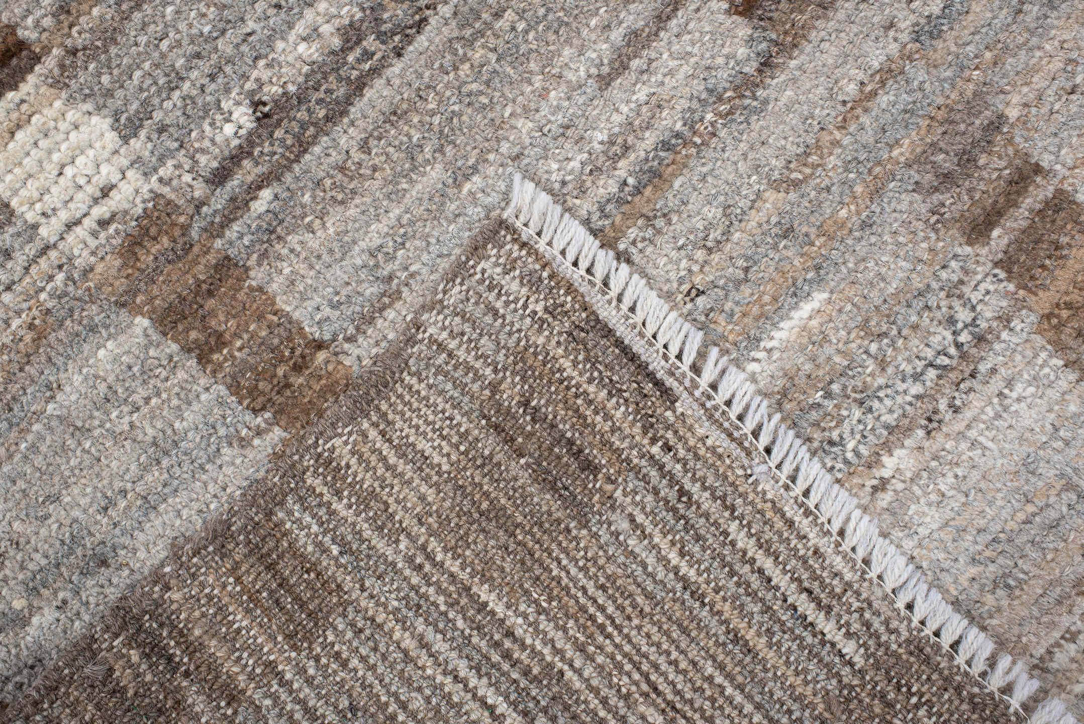 3' x 13' one-of-a-kind handmade vintage Tulu runner rug. Color palette: taupe, ivory, brown, gray, beige