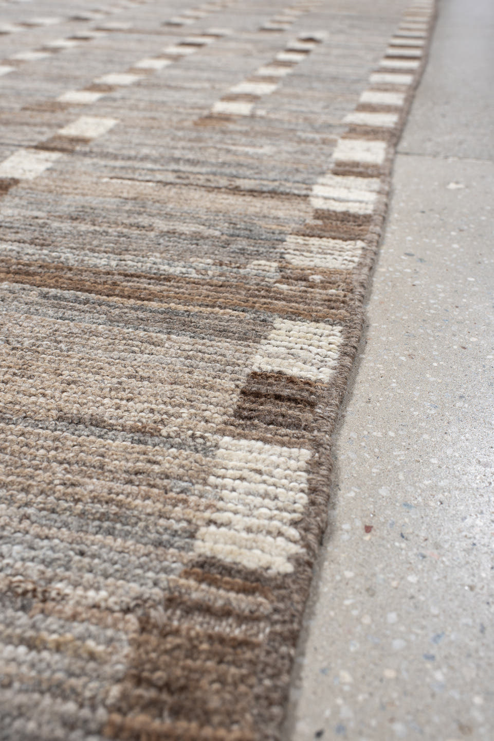 3' x 13' one-of-a-kind handmade vintage Tulu runner rug. Color palette: taupe, ivory, brown, gray, beige