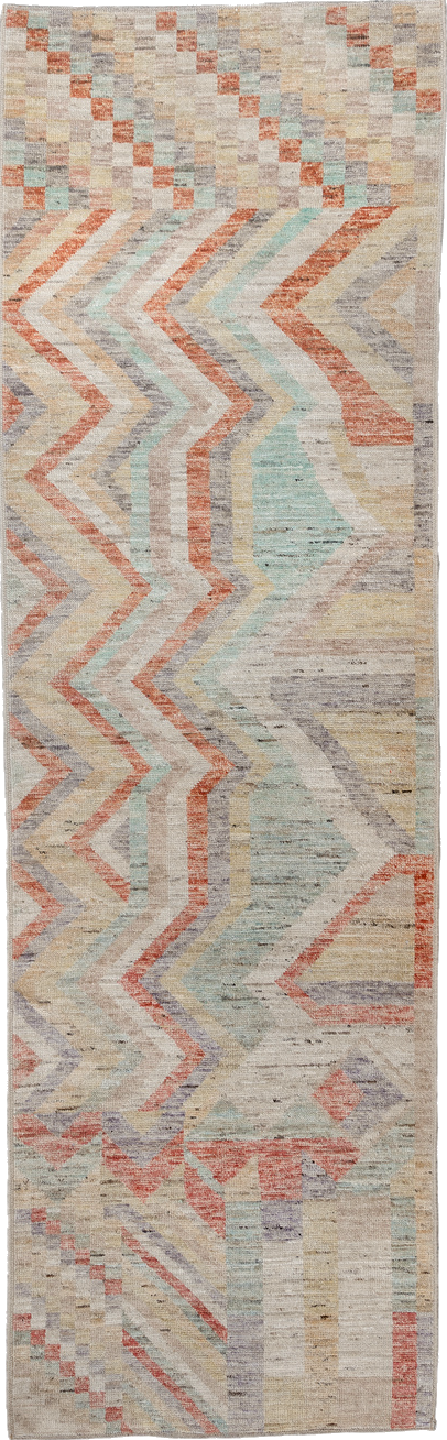 3' x 9' one-of-a-kind handmade vintage Tulu runner rug. Color palette: brown, gray, light gray, off-white, orange, pink