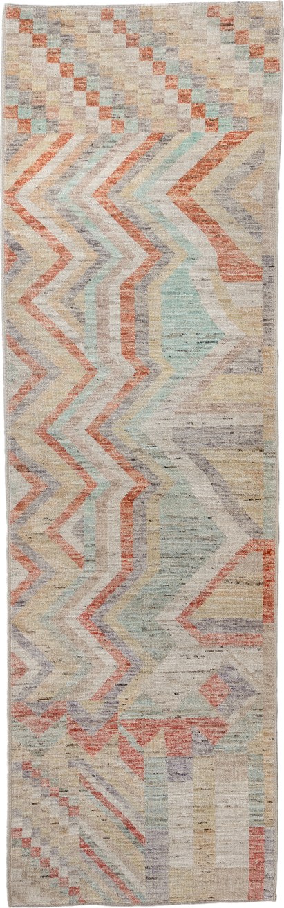 3' x 9' one-of-a-kind handmade vintage Tulu runner rug. Color palette: ivory, sand, coral, aqua, lavender, pale_gold, taupe