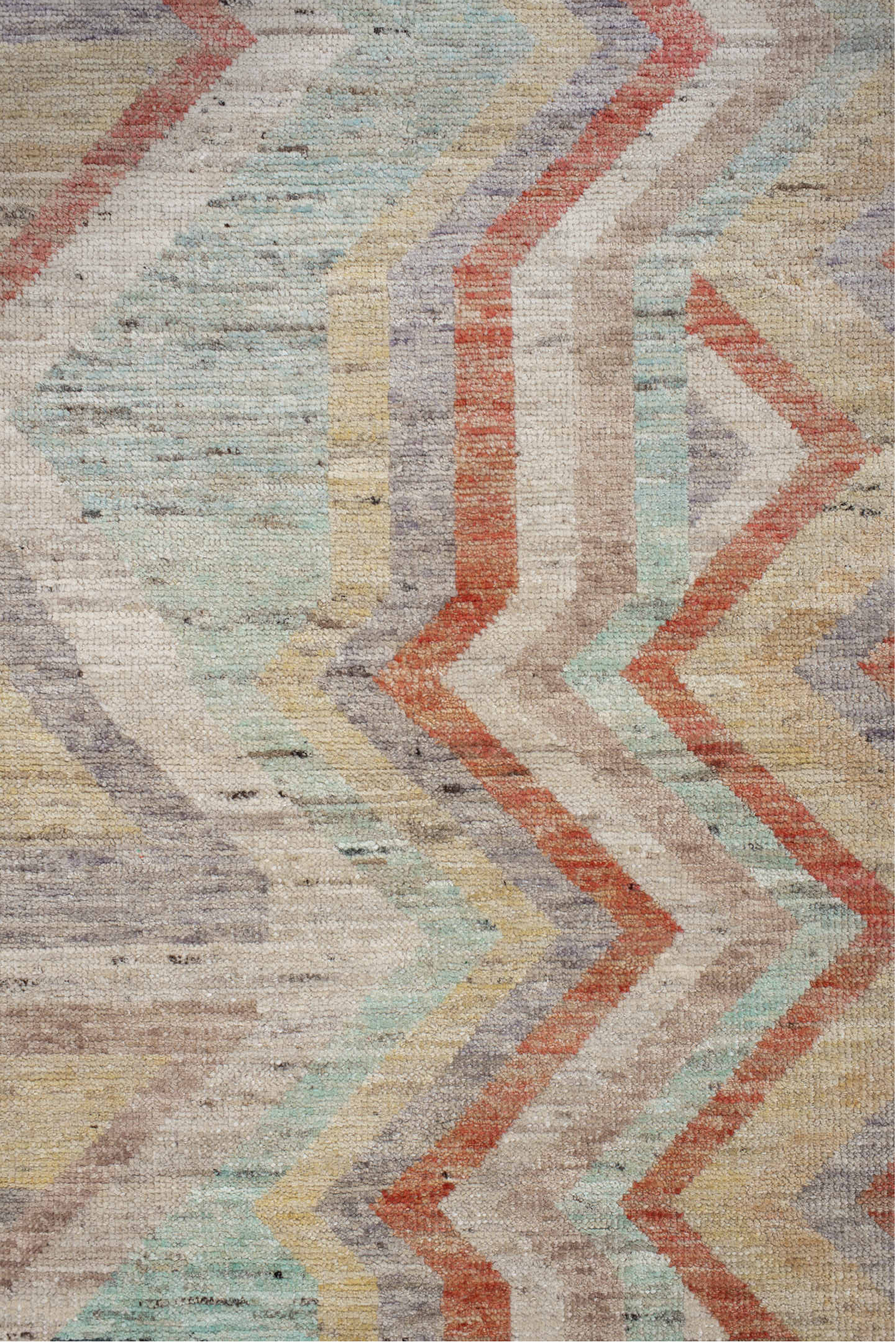 3' x 9' one-of-a-kind handmade vintage Tulu runner rug. Color palette: ivory, sand, coral, aqua, lavender, pale_gold, taupe