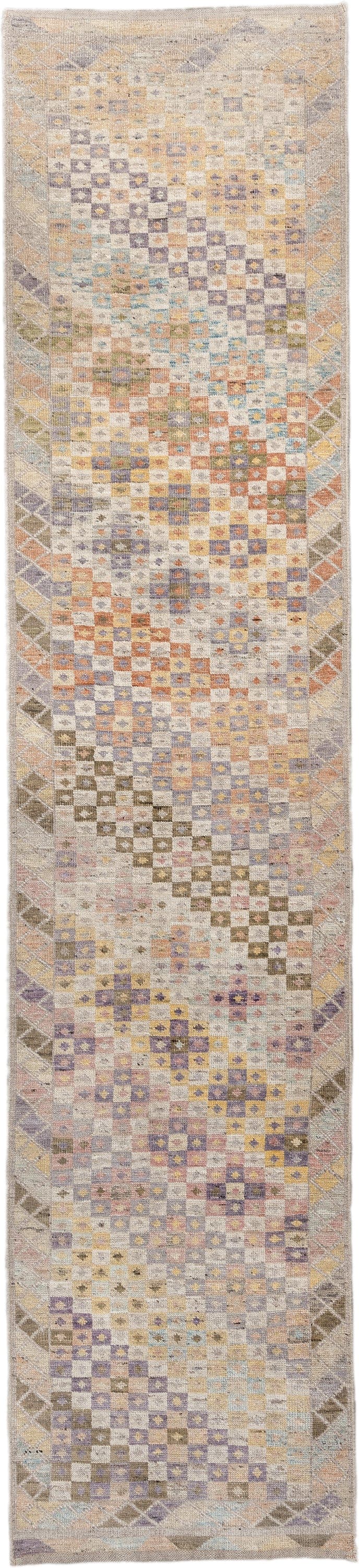 2' x 12' one-of-a-kind handmade vintage Tulu runner rug. Color palette: ivory, taupe, lavender, gold, terra cotta, sage
