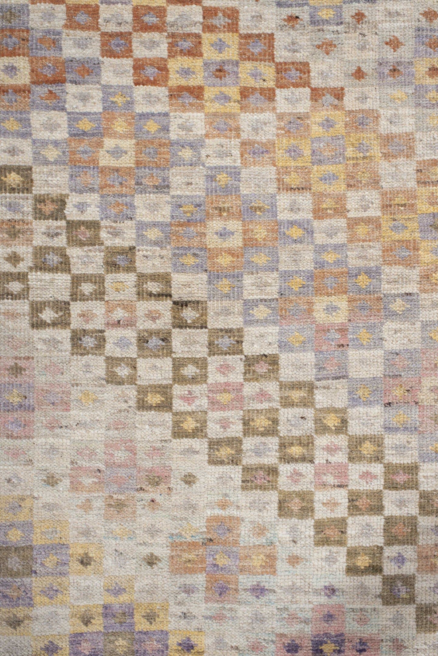 2' x 12' one-of-a-kind handmade vintage Tulu runner rug. Color palette: ivory, taupe, lavender, gold, terra cotta, sage