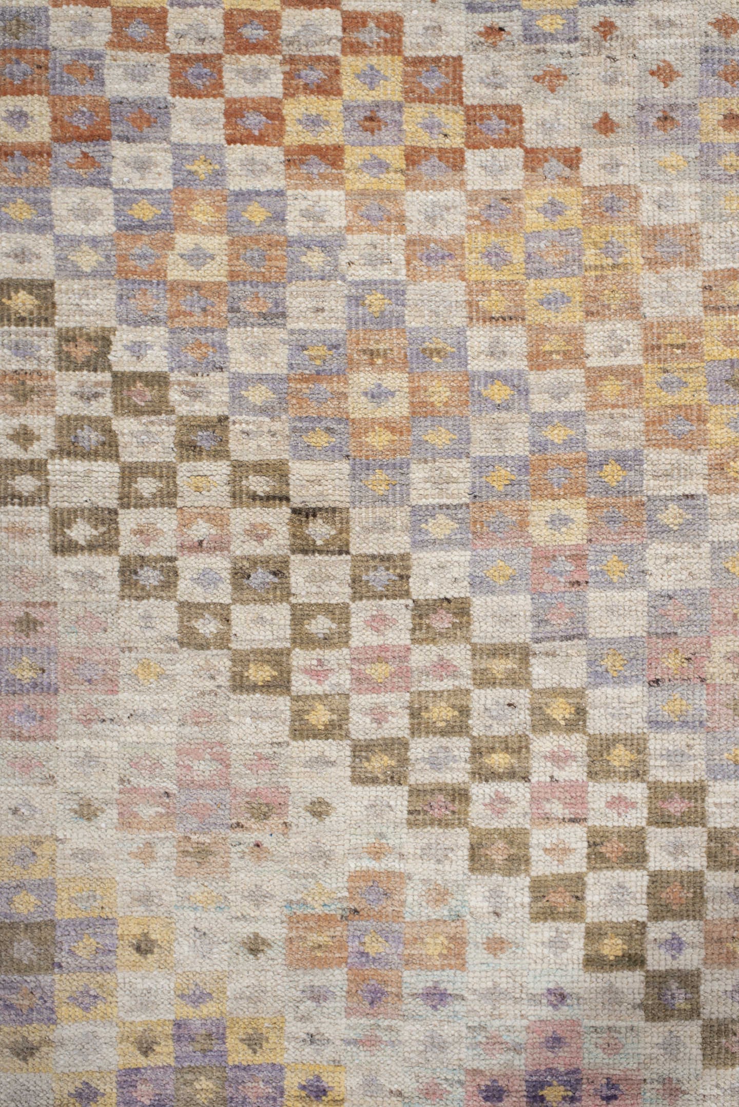 2' x 12' one-of-a-kind handmade vintage Tulu runner rug. Color palette: ivory, taupe, lavender, gold, terra cotta, sage