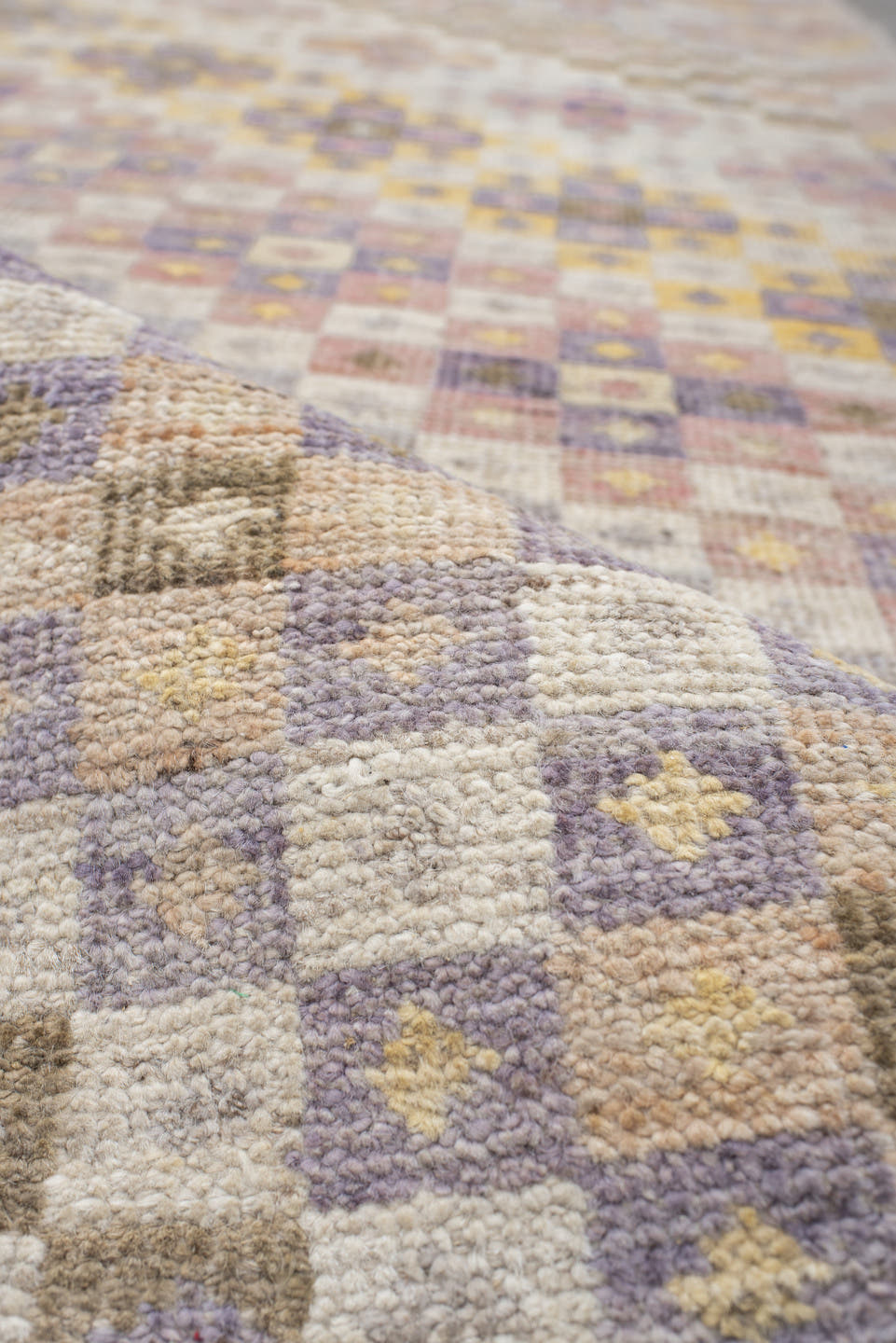 2' x 12' one-of-a-kind handmade vintage Tulu runner rug. Color palette: ivory, taupe, lavender, gold, terra cotta, sage