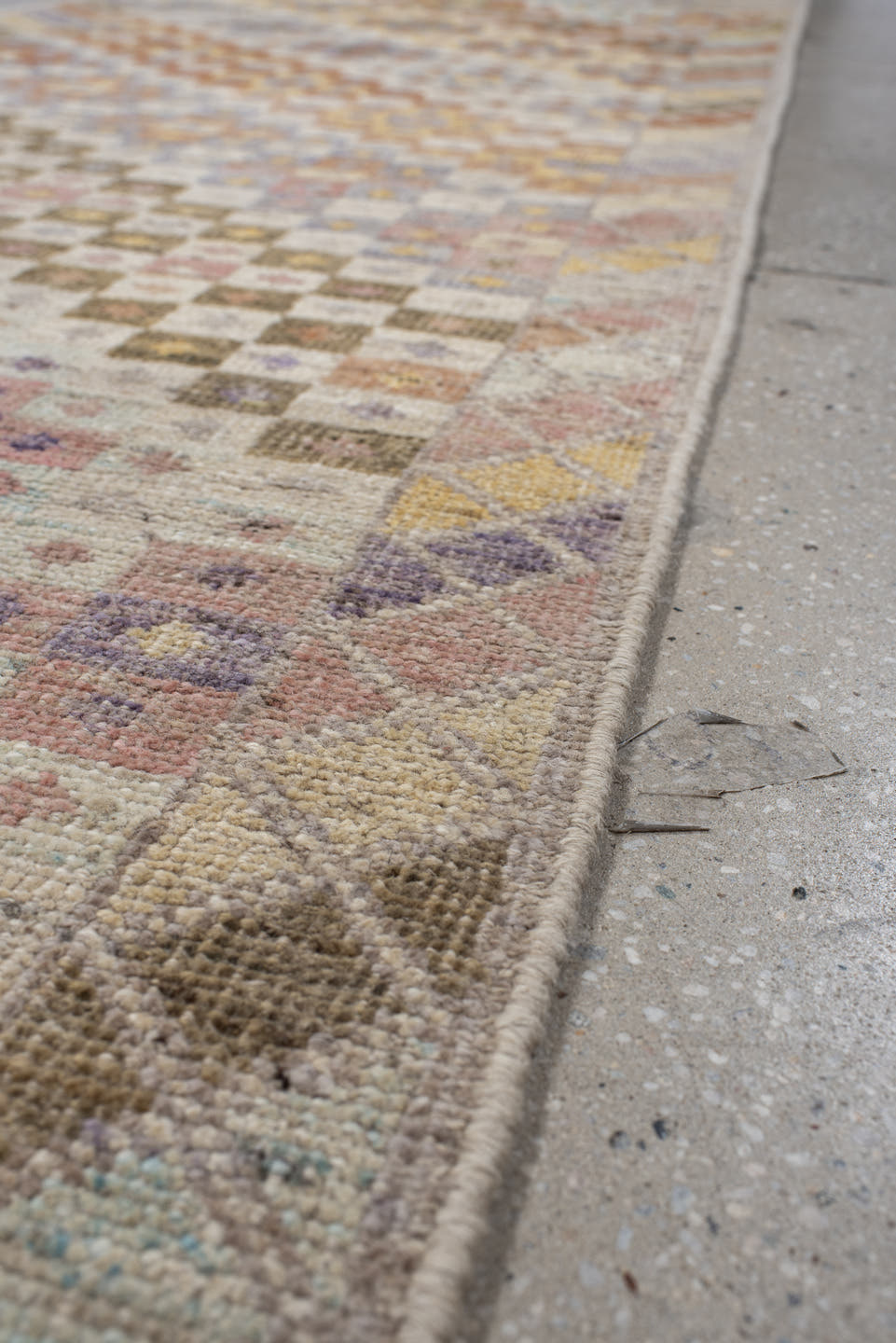 2' x 12' one-of-a-kind handmade vintage Tulu runner rug. Color palette: ivory, taupe, lavender, gold, terra cotta, sage