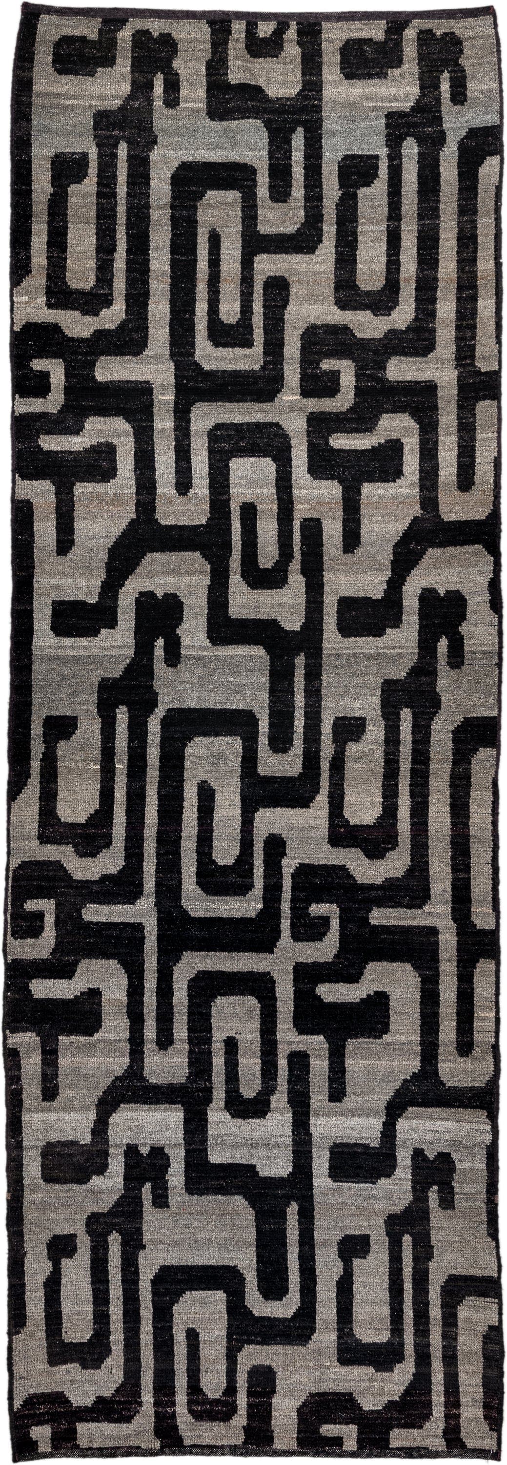 3' x 10' one-of-a-kind handmade vintage Tulu runner rug. Color palette: gray, charcoal, ivory, taupe, black, beige