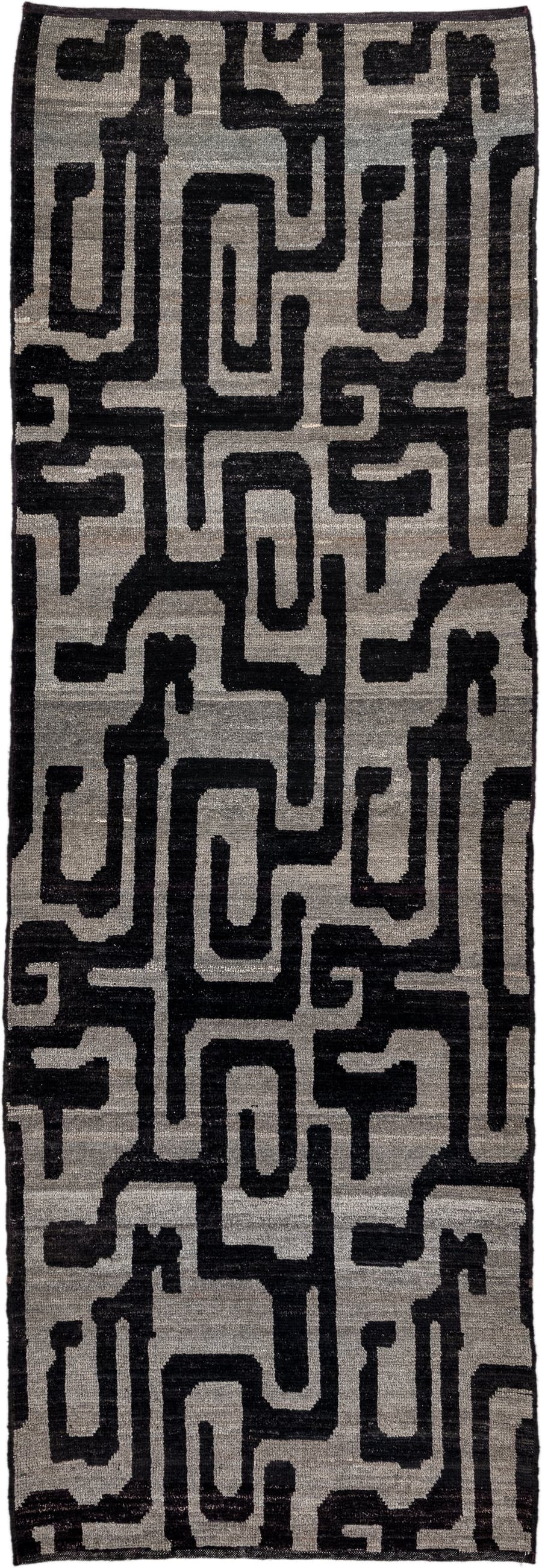 3' x 10' one-of-a-kind handmade vintage Tulu runner rug. Color palette: gray, charcoal, ivory, taupe, black, beige