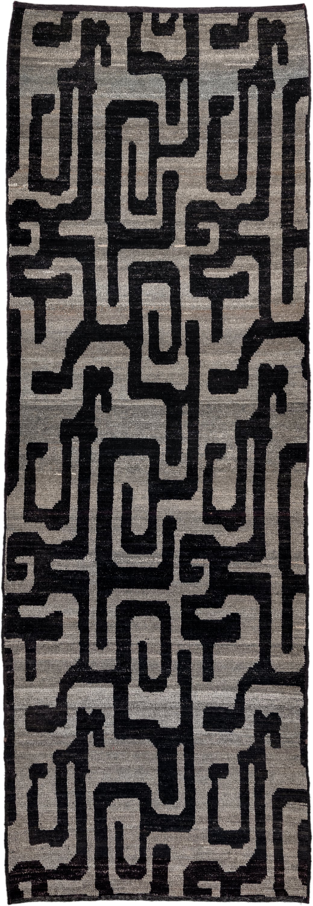 3' x 10' one-of-a-kind handmade vintage Tulu runner rug. Color palette: gray, charcoal, ivory, taupe, black, beige
