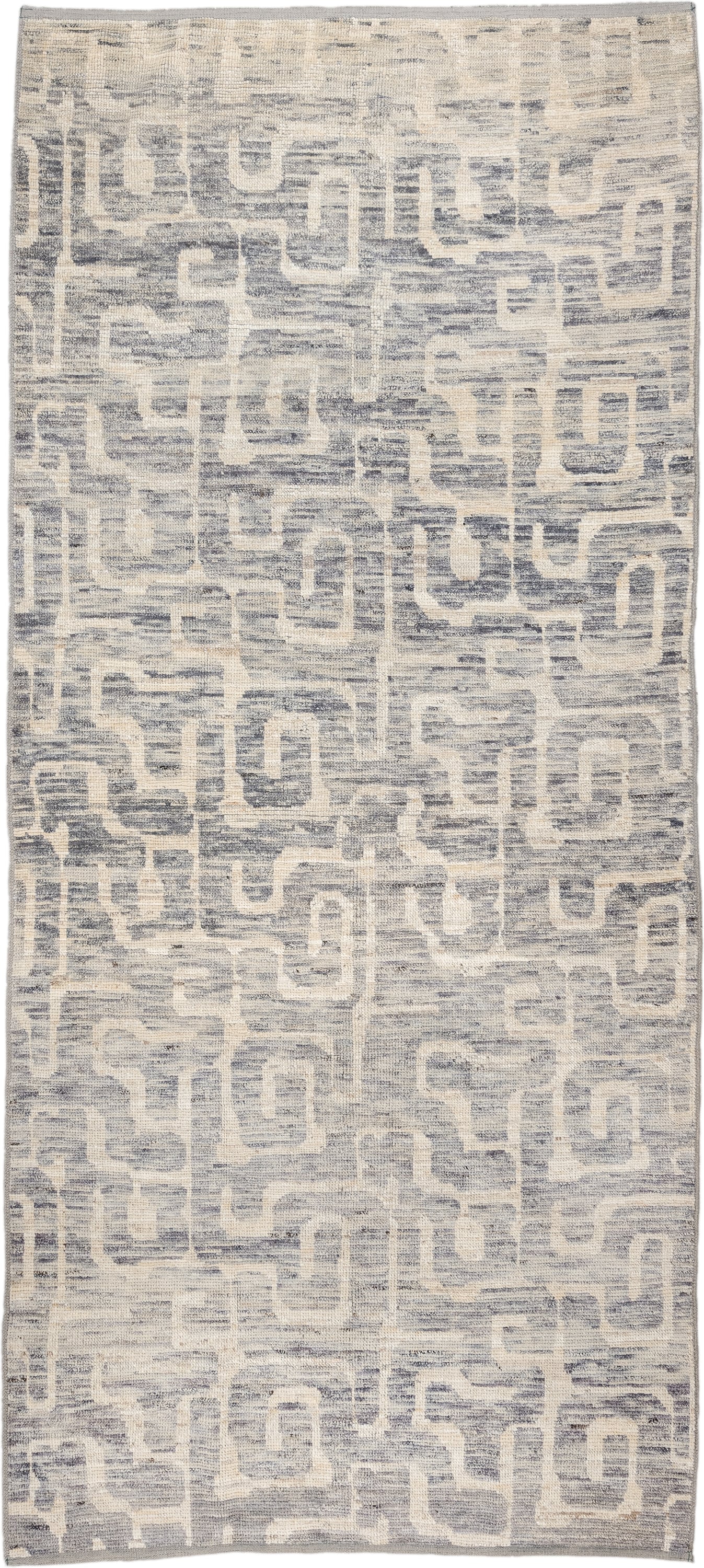 4' x 9' one-of-a-kind handmade vintage Tulu runner rug. Color palette: ivory, gray, slate, cream