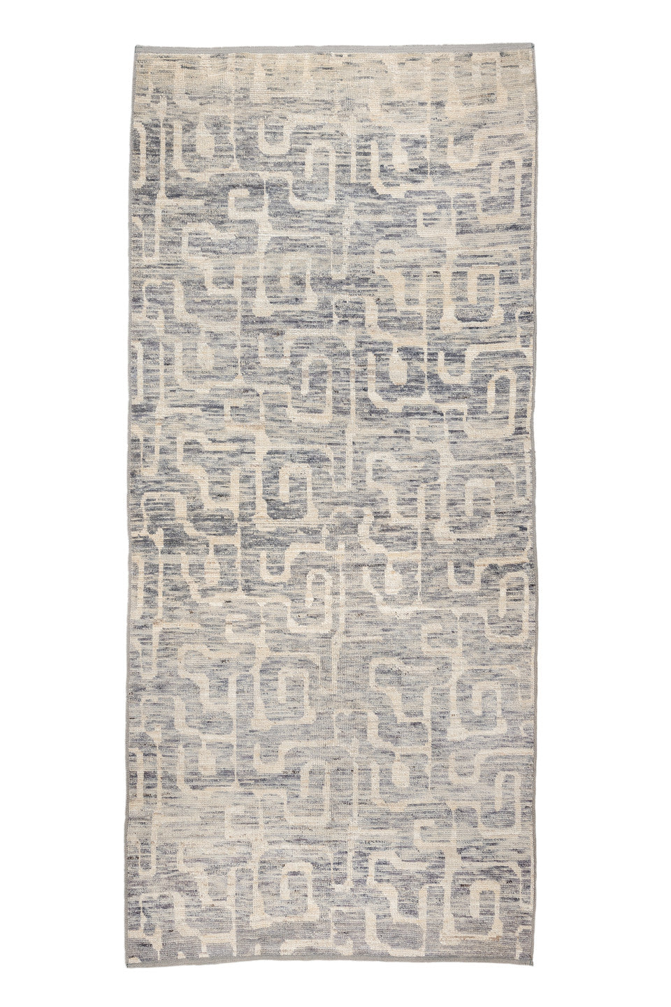 4' x 9' one-of-a-kind handmade vintage Tulu runner rug. Color palette: dark gray, dim gray, gainsboro, gray, light gray