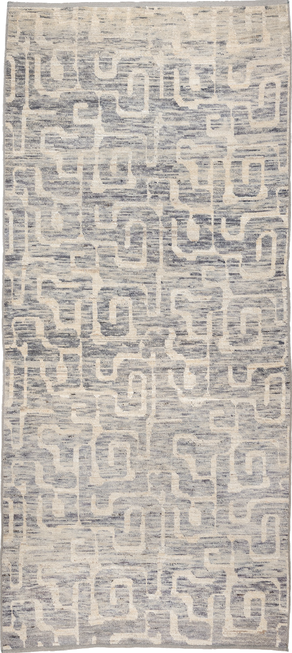 4' x 9' one-of-a-kind handmade vintage Tulu runner rug. Color palette: dark gray, dim gray, gainsboro, gray, light gray
