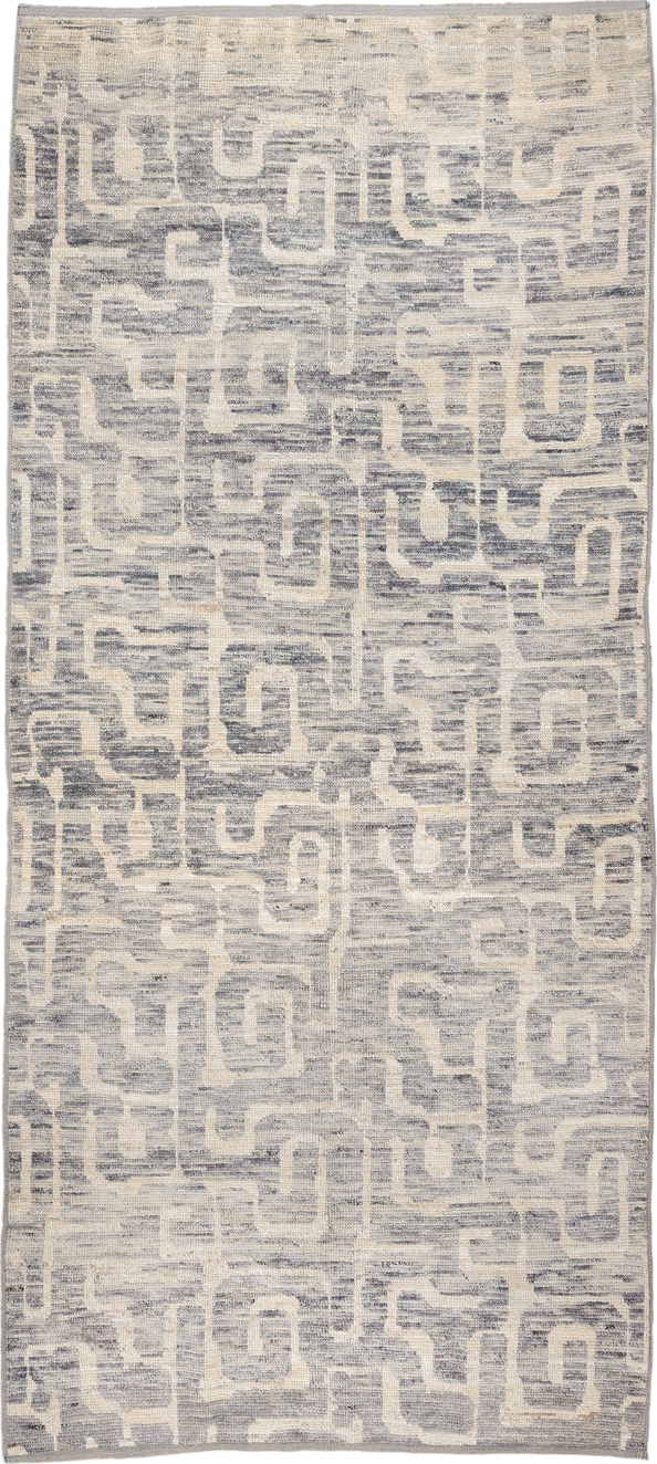 4' x 9' one-of-a-kind handmade vintage Tulu runner rug. Color palette: ivory, gray, slate, cream