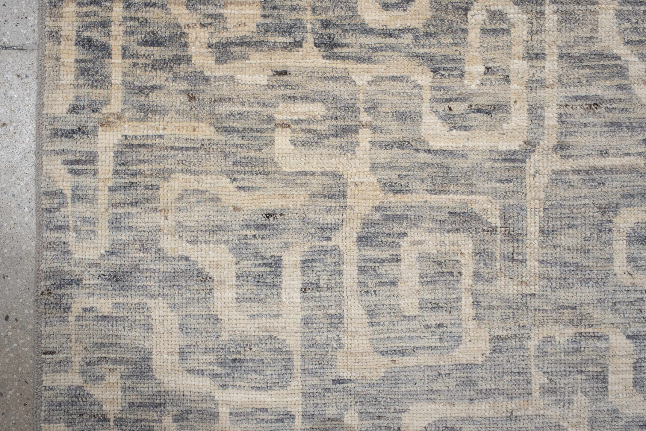 4' x 9' one-of-a-kind handmade vintage Tulu runner rug. Color palette: ivory, gray, slate, cream