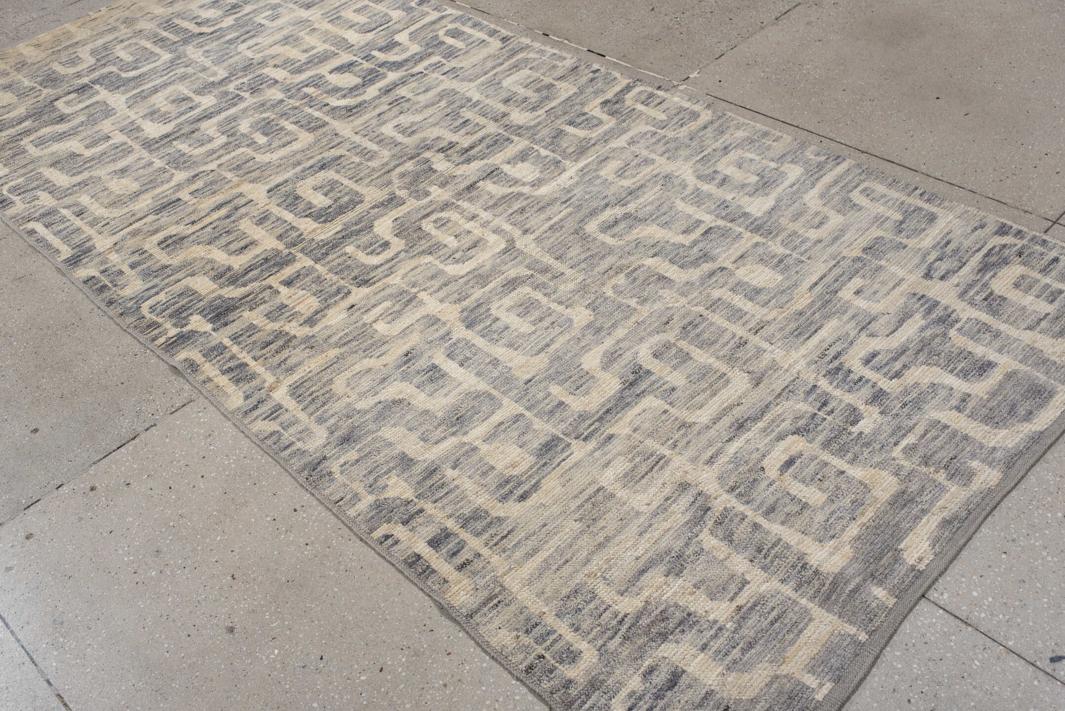 4' x 9' one-of-a-kind handmade vintage Tulu runner rug. Color palette: ivory, gray, slate, cream