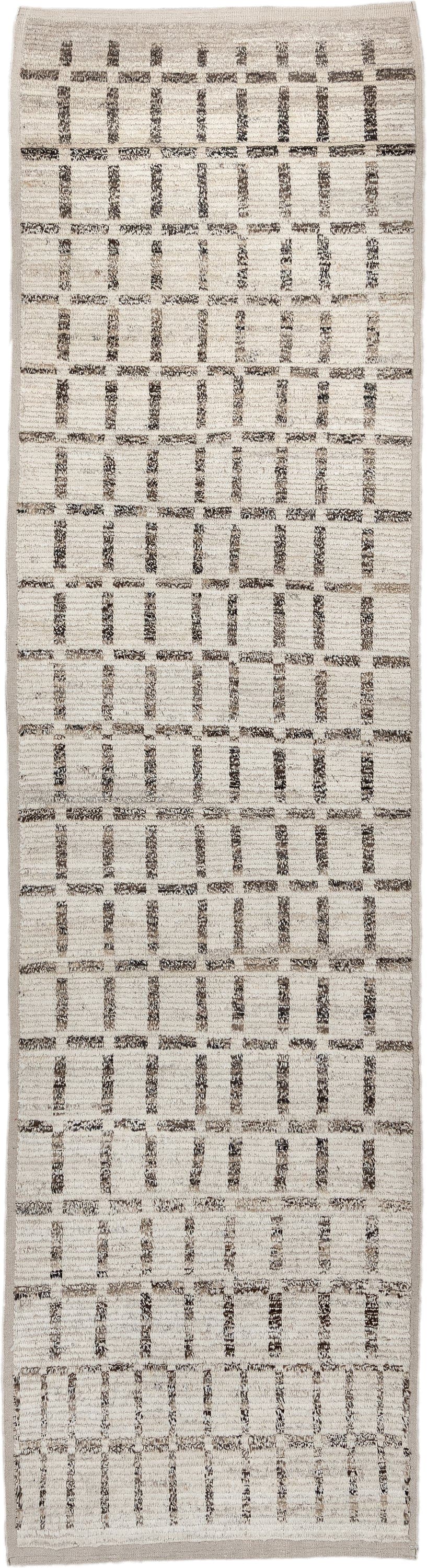 3' x 13' one-of-a-kind handmade vintage Tulu runner rug. Color palette: ivory, taupe, charcoal, brown, cream, beige, gray
