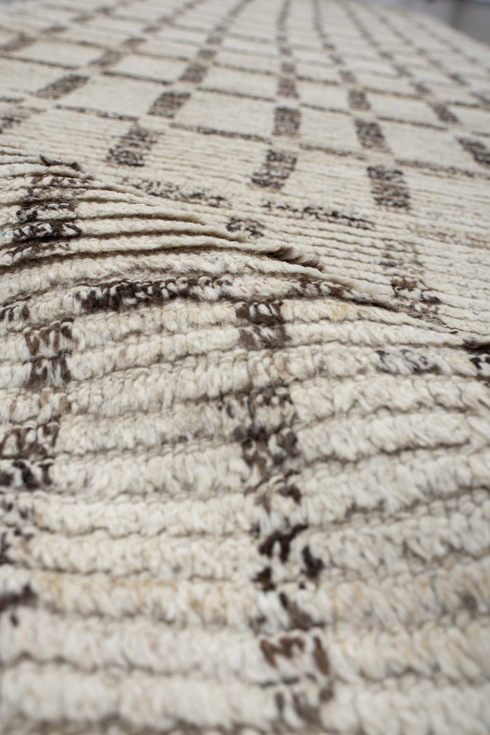 3' x 13' one-of-a-kind handmade vintage Tulu runner rug. Color palette: ivory, taupe, charcoal, brown, cream, beige, gray