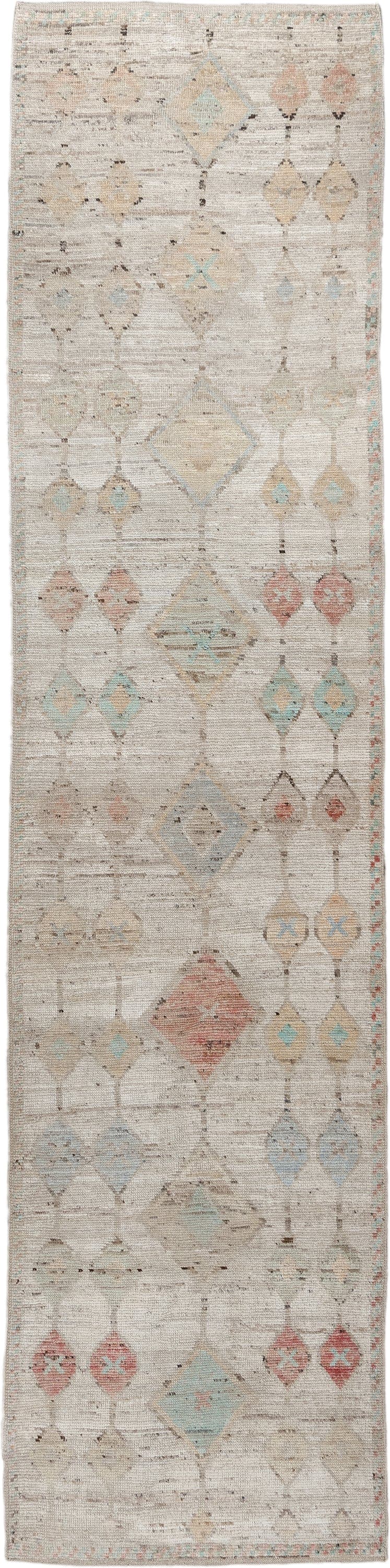 3' x 12' one-of-a-kind handmade vintage Tulu runner rug. Color palette: ivory, beige, aqua, blush, sand, taupe, coral, gray